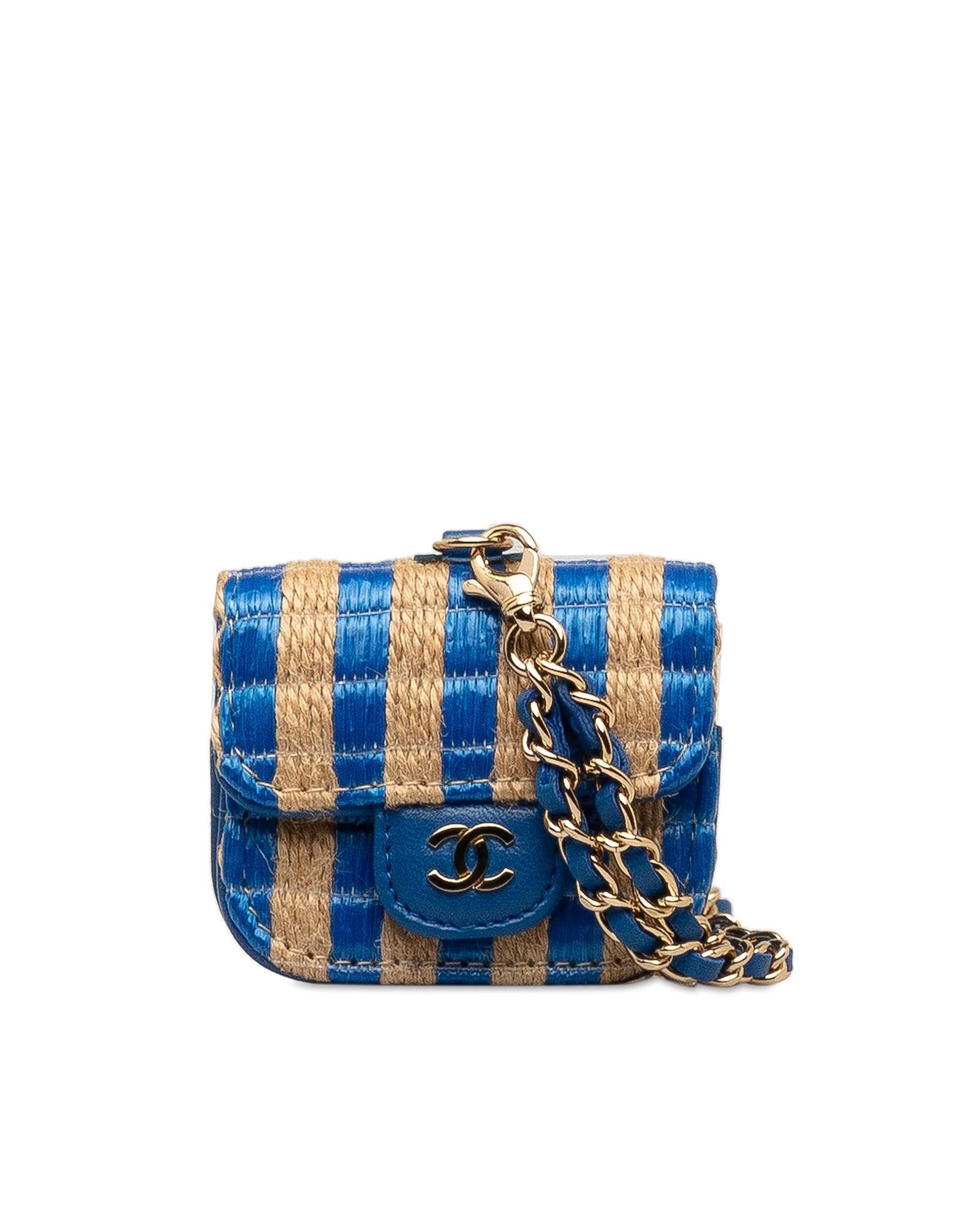 image of Chanel Raffia Airpods Case With Leather Chain Strap in Blue, Women's
