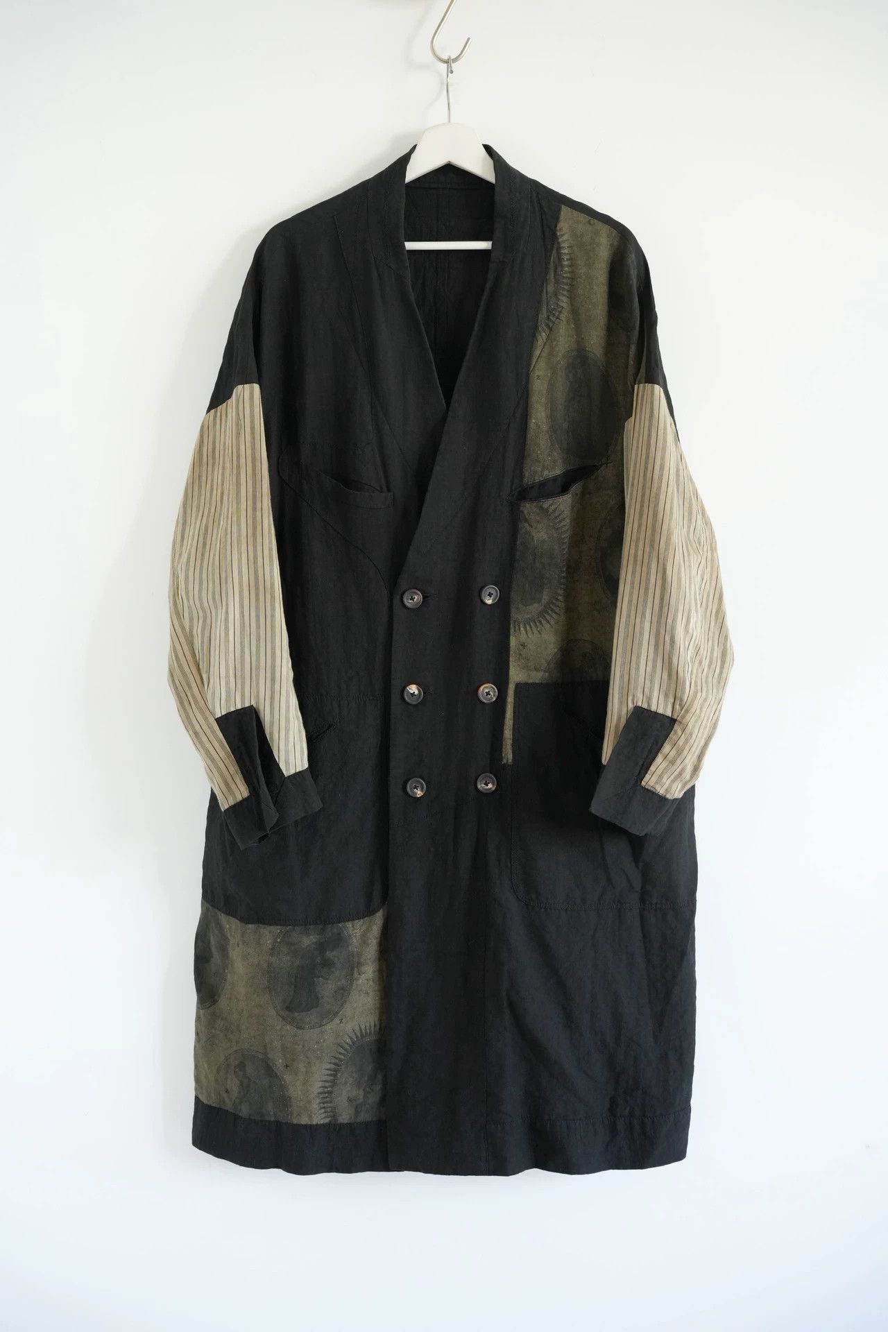 Ziggy Chen Black Long Coat with Striped Sleeves & Patchwork Size US S / EU 44-46 / 1 - 1 Thumbnail