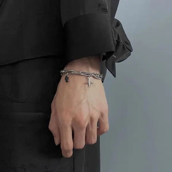 Jewelry Silver Chain Bracelet with Cross and Black Gem Charms Size ONE SIZE - 6 Thumbnail