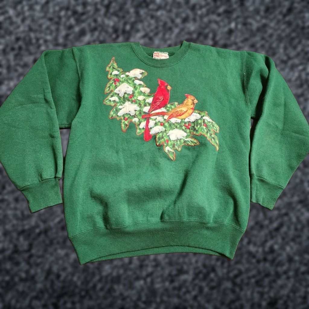 Hanes VINTAGE Hanes Sweatshirt Crewneck Womens M Green Cardinal Bird 90s Graphic Pullover Christmas Distressed - Adult Women Medium Green 1980s-1989s Size M / US 6-8 / IT 42-44 - 1 Thumbnail