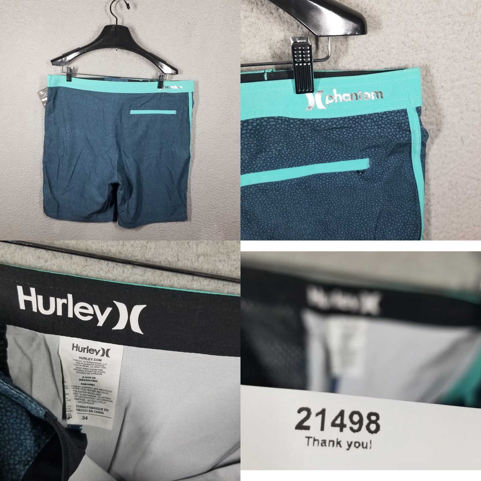 Hurley VINTAGE Hurley Mens Boardshorts 34 Washed Teal 20" Stingray Quick Dry Drawstring Beach 90s Mens Size US 34 / EU 50 - 8 Thumbnail