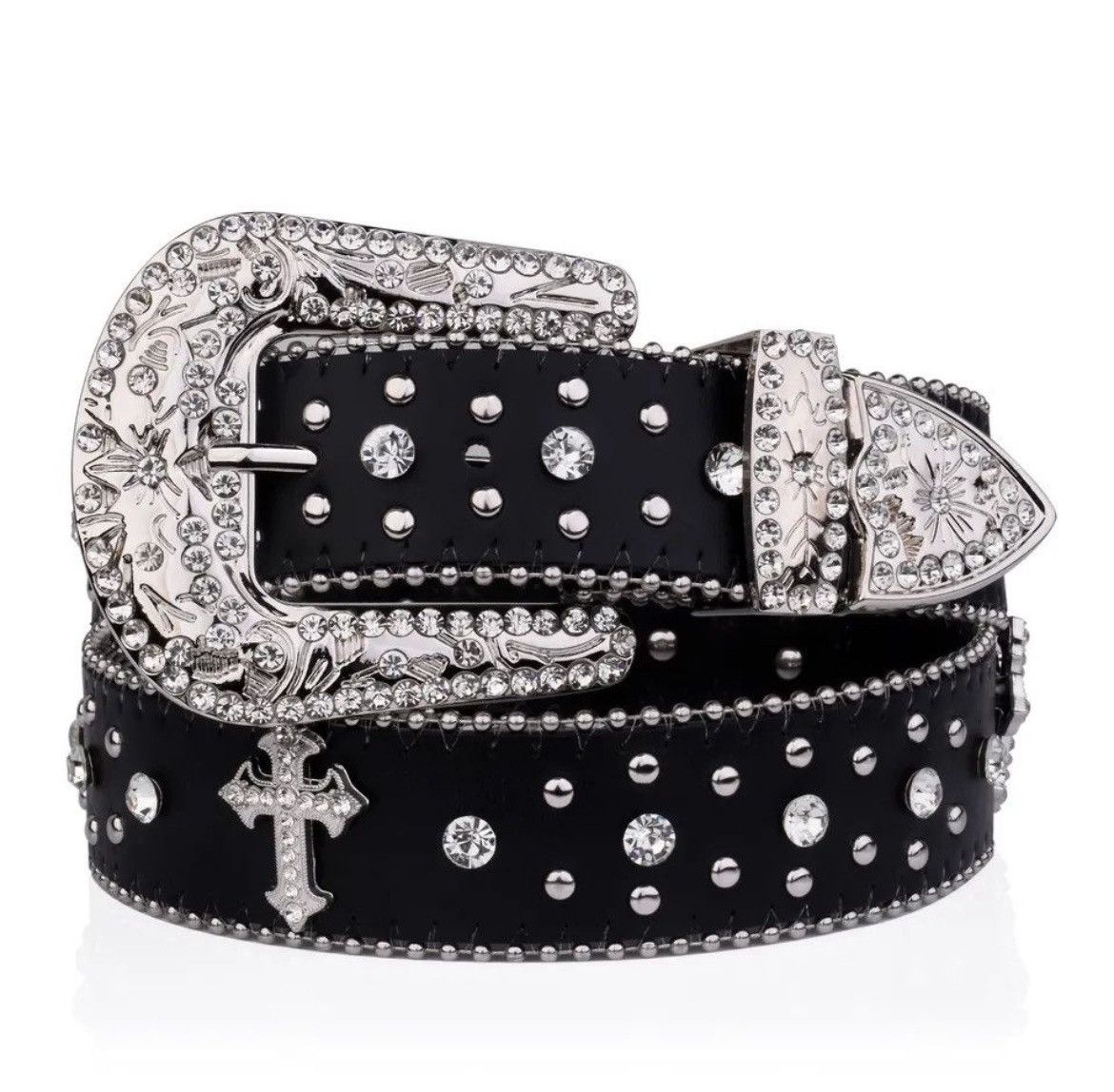 Japanese Brand × Leather Black Cross Rivet Belt Engraved Buckle Rhinestone Size ONE SIZE - 3 Thumbnail