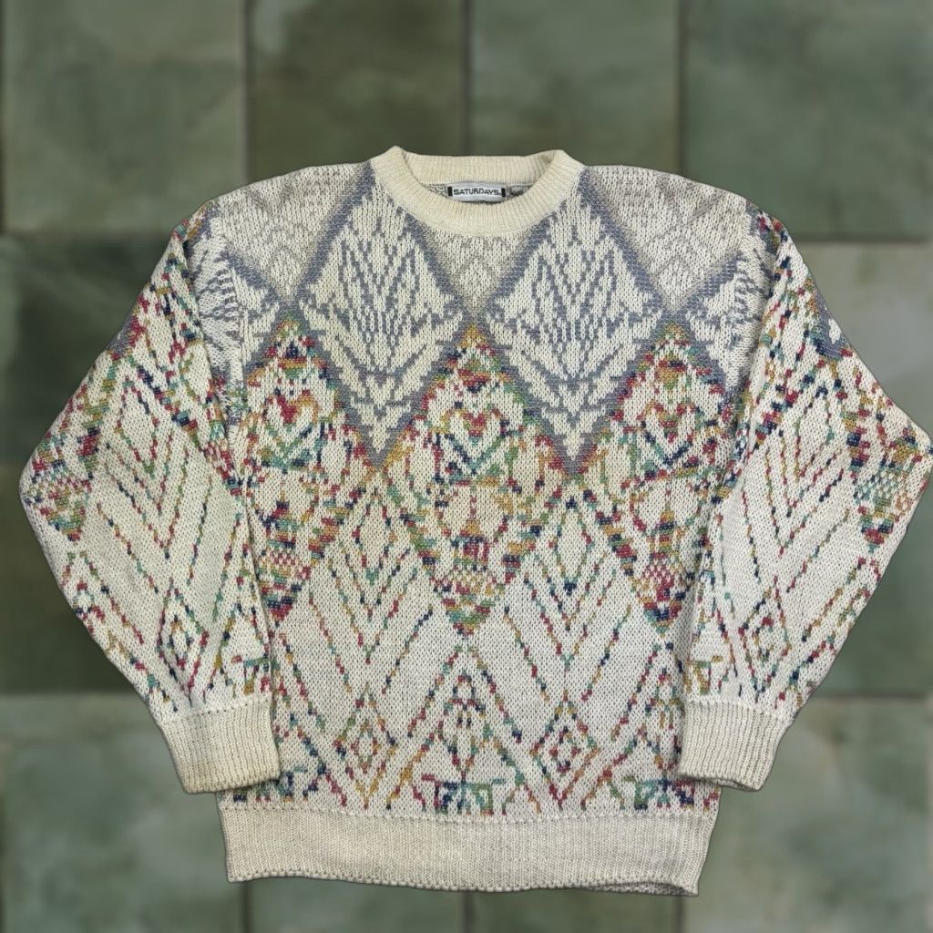 Saturdays NYC VINTAGE Saturdays Sweater Mens Pullover Adult Medium Ivory Cream Knit Geometric 90s Classic Crew Neck Long Sleeve Size US M / EU 48-50 / 2 - 1 Thumbnail