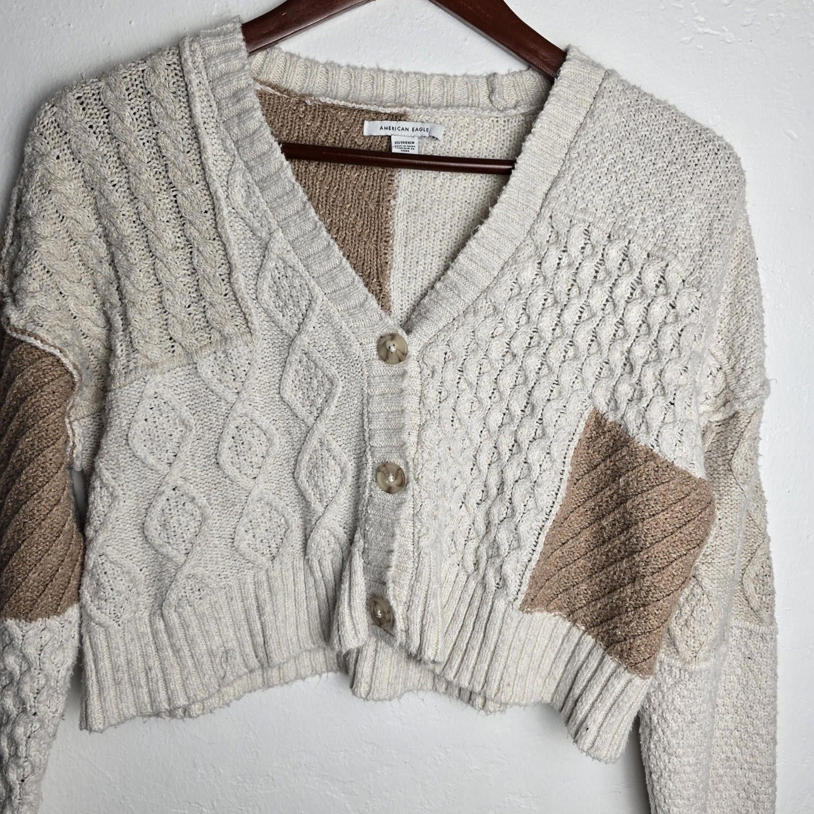 American Eagle Outfitters American Eagle Beige Cropped Patchwork Cardigan Sweater XS Size XS / US 0-2 / IT 36-38 - 3 Thumbnail