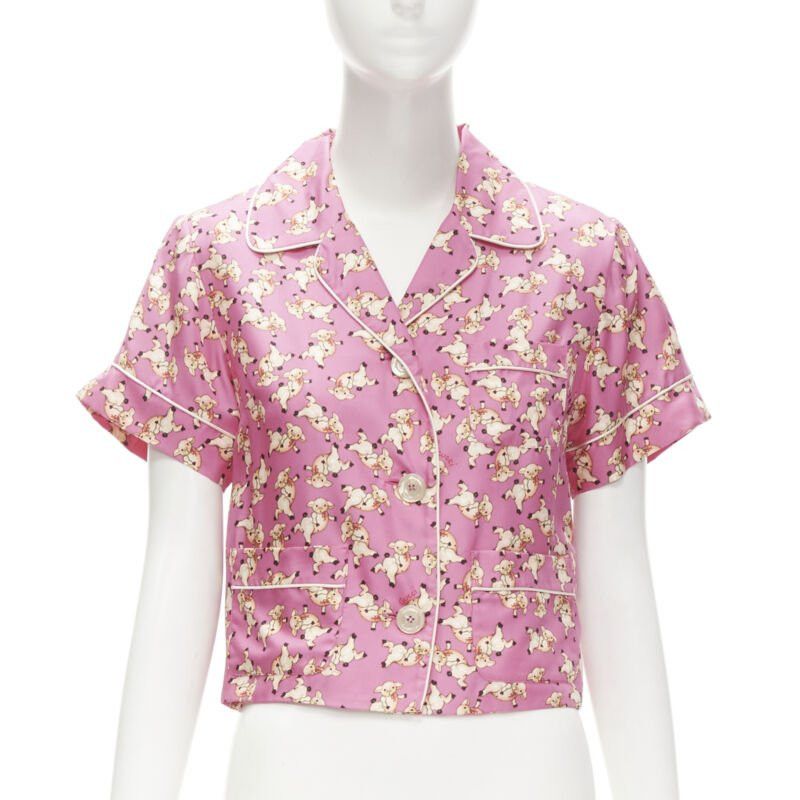 new GUCCI CNY 2019 100% silk pink piggy print cropped pajama shirt IT36 XS rare