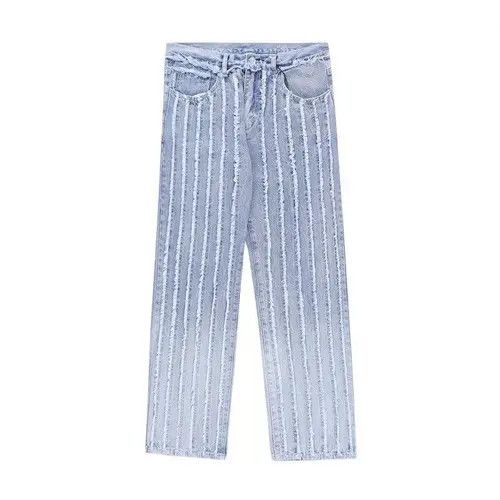 Japanese Brand Unisex Striped Frayed Ripped Tassel Jeans Pants Size US 33 - 4 Thumbnail