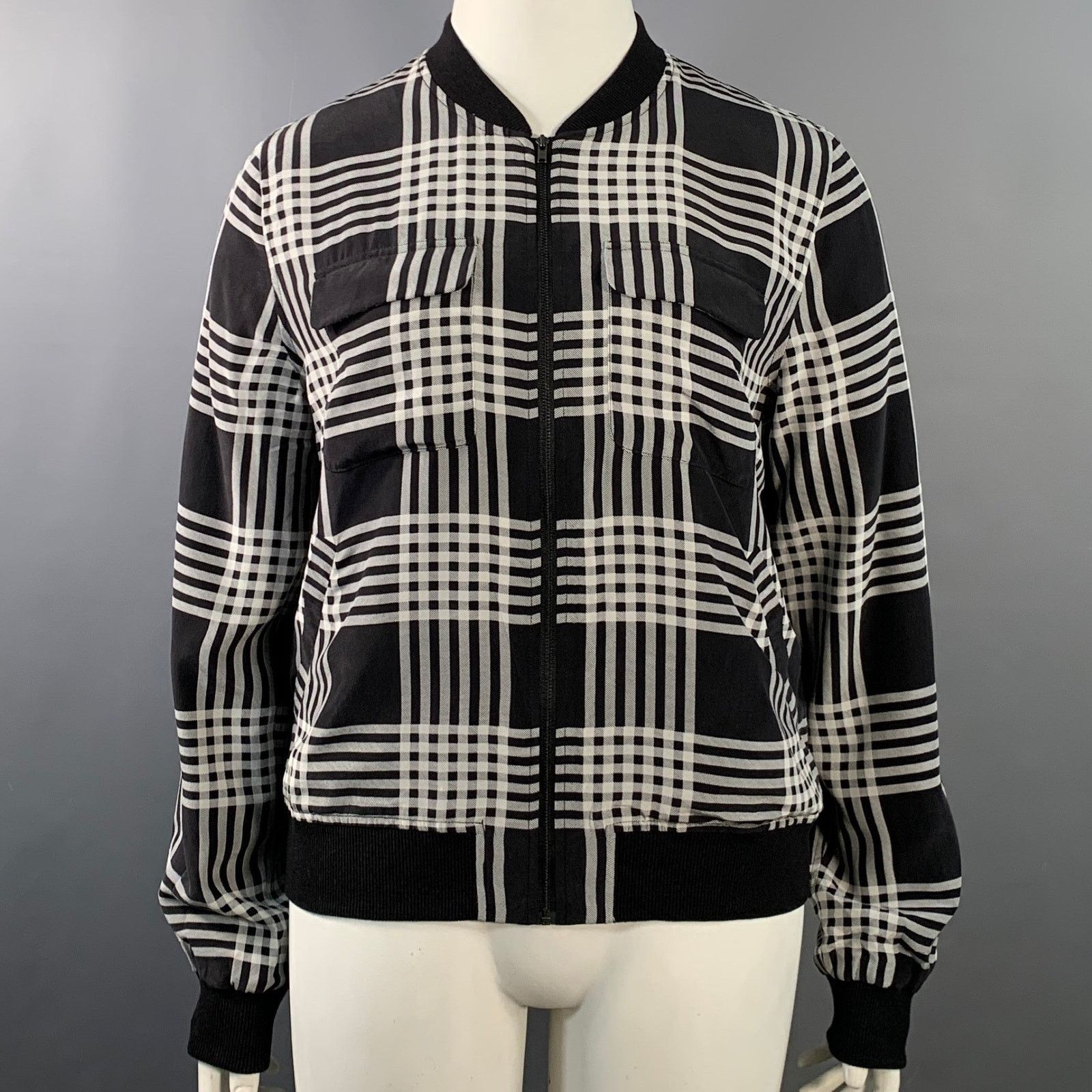 Equipment EQUIPMENT Size L Black White Silk Plaid Zip Up Bomber Jacket Size US L / EU 52-54 / 3 - 1 Thumbnail