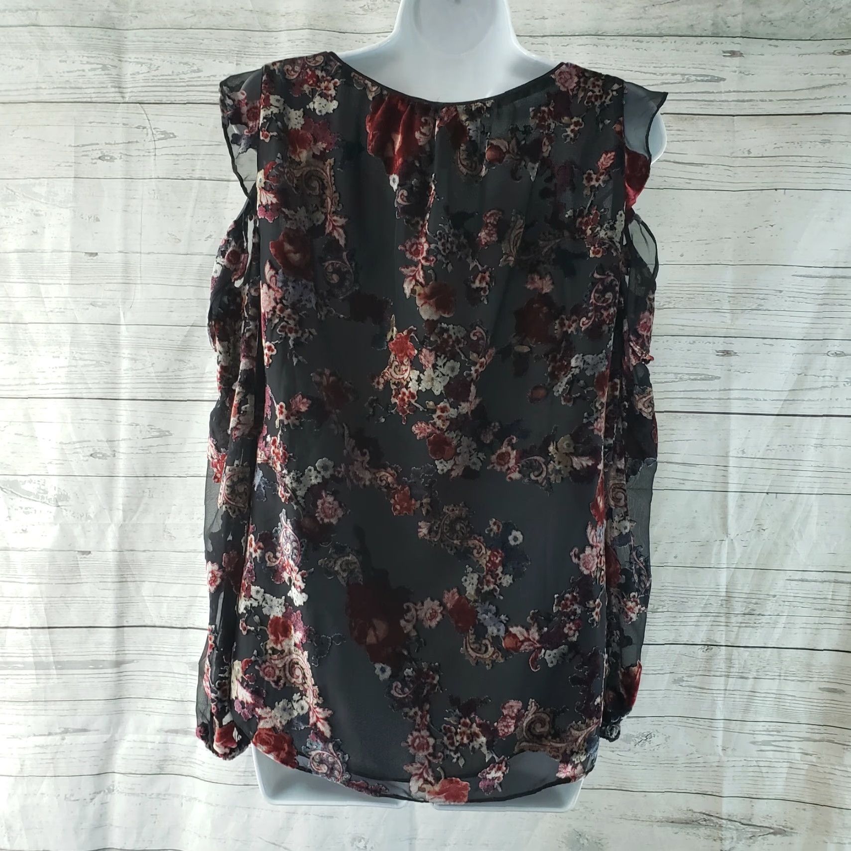White House Black Market White House Black Market Womens Blouse Shirt Black Floral Rayon V-Neck Cold Shoulder Sz 6 Womens Size M / US 6-8 / IT 42-44 - 3 Thumbnail
