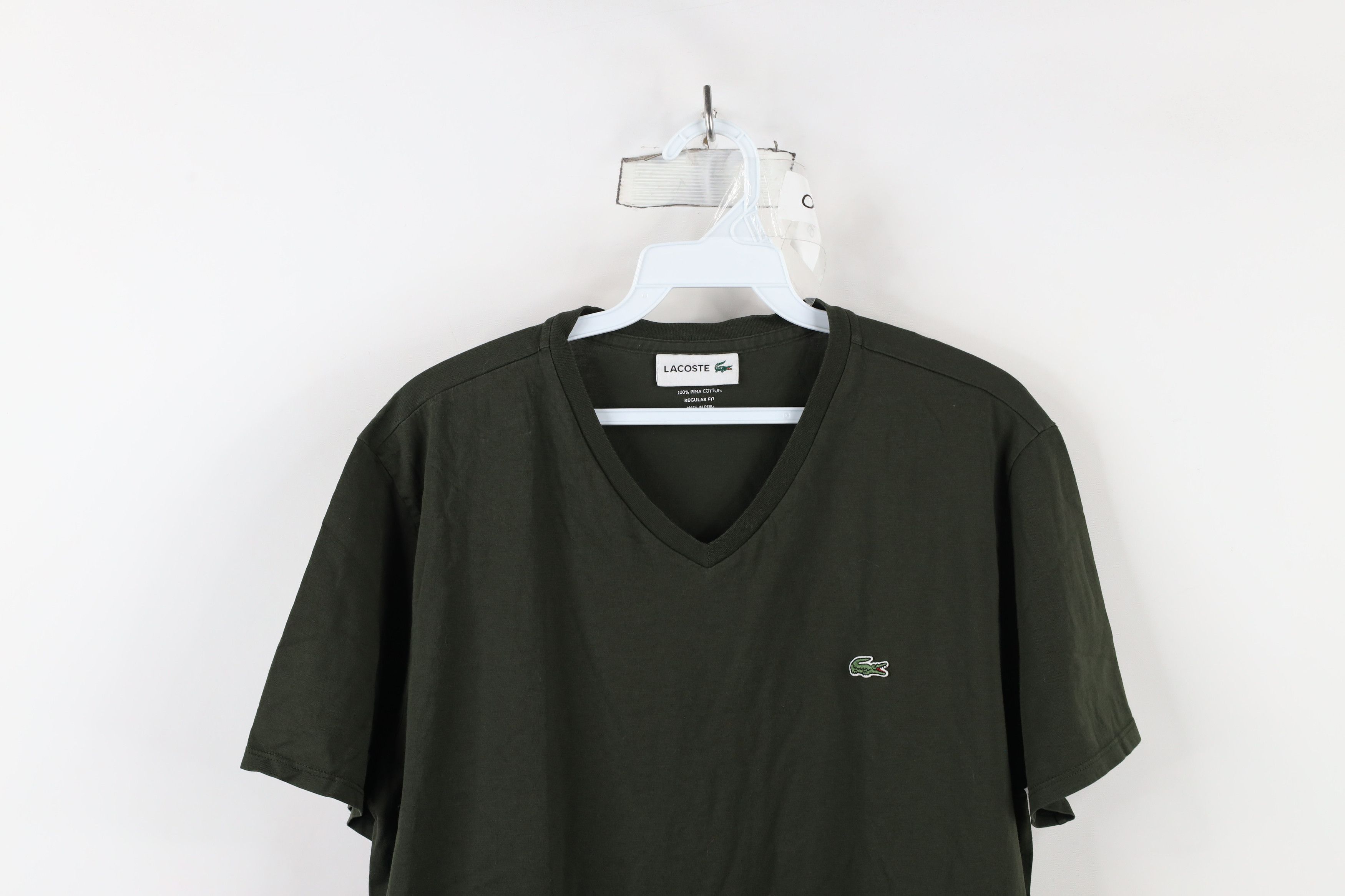 Lacoste × Vintage Lacoste Distressed Croc Logo V-Neck T-Shirt Olive Green Size US L / EU 52-54 / 3 - 2 Thumbnail