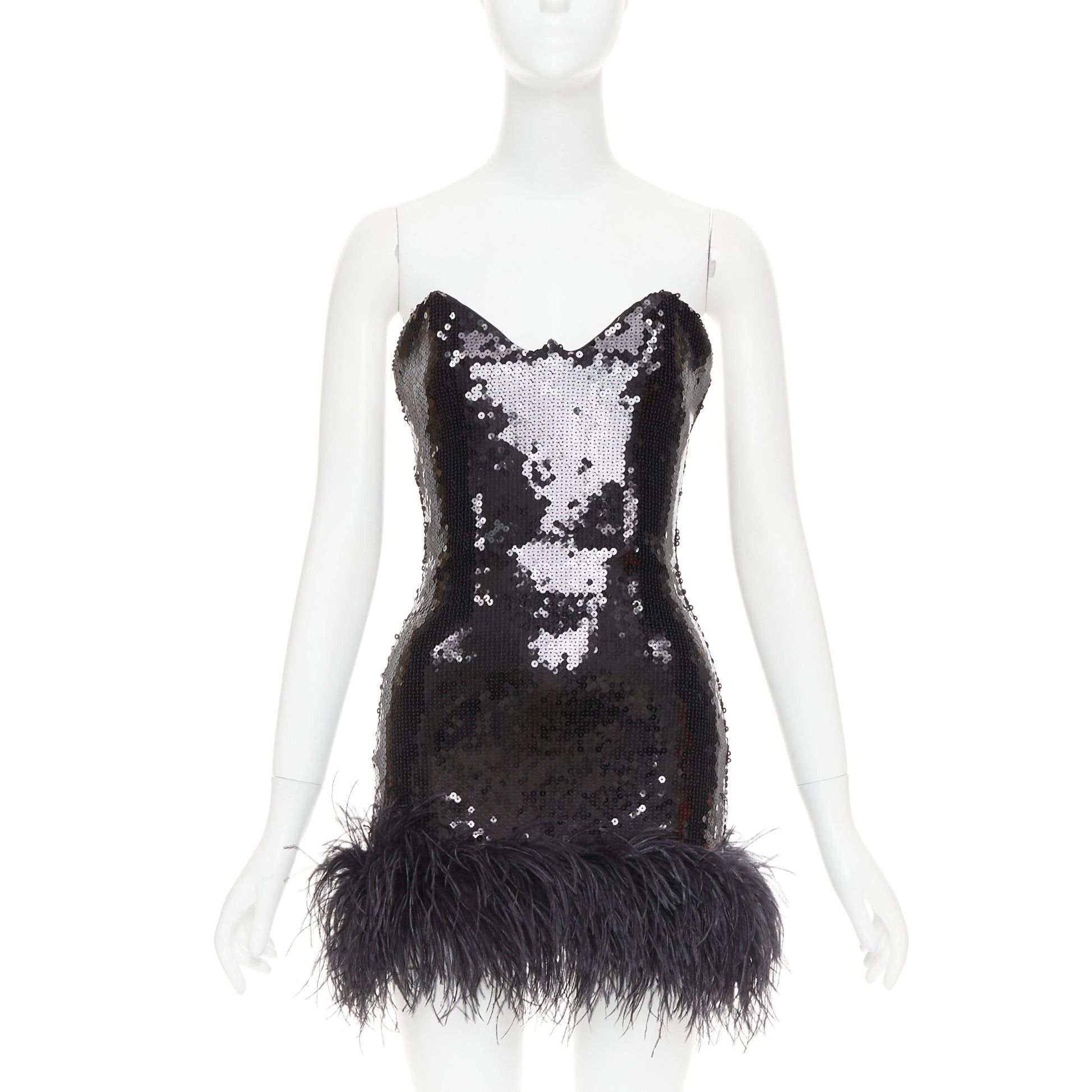 Alexandre Vauthier ALEXANDRE VAUTHIER SS2022 Runway black sequin pailette ostrich feather hem sweetheart mini dress Size S / US 4 / IT 40 - 1 Thumbnail