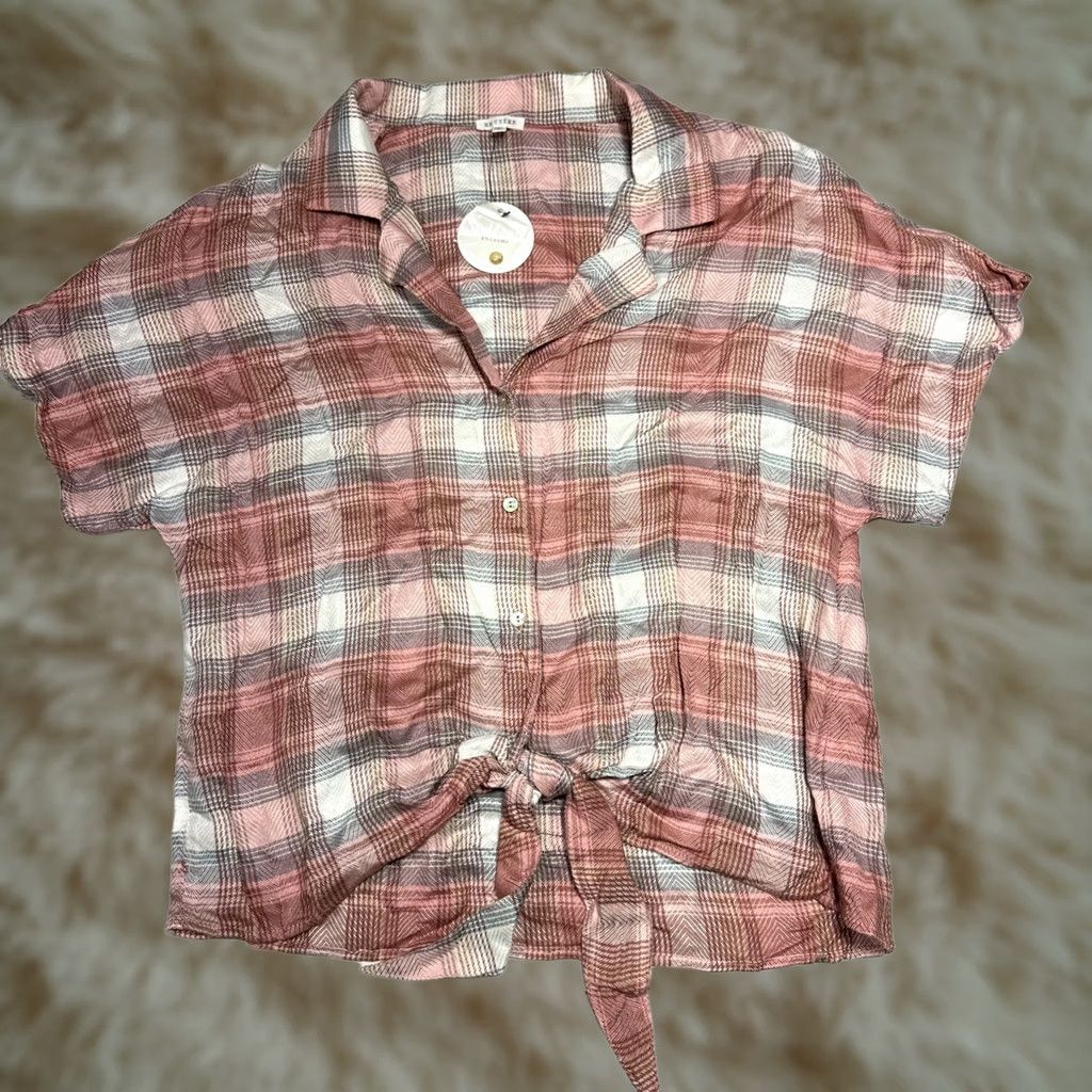 Vintage En Creme Pink Gray Plaid Cropped Shirt Knot Tie Front Short Sleeve Rayon M NWT Womens Shirt Size M / US 6-8 / IT 42-44 - 1 Thumbnail