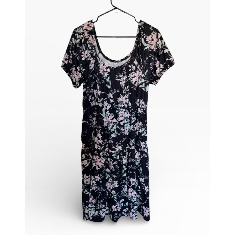Other Black Pink Floral Short Sleeve Round Neck Shirred Dress Size L / US 10 / IT 46 - 4 Thumbnail