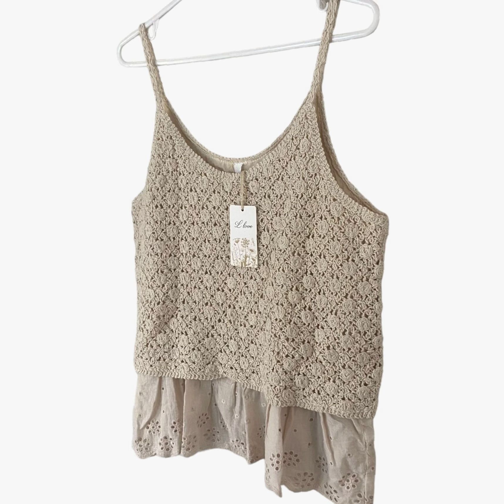 Vintage VINTAGE L Love Boho Crochet Tank Top Womens Medium Beige Cotton Floral Knit New Size M / US 6-8 / IT 42-44 - 2 Thumbnail