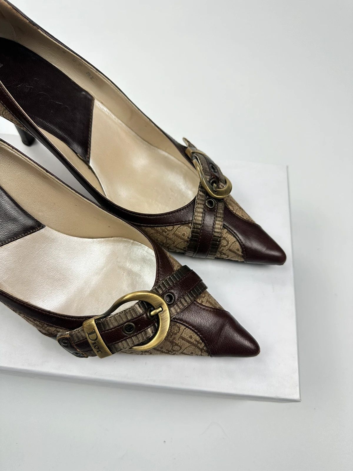 Dior Vintage Dior Monogram Heels Brown Leather with Gold Buckle Size US 7 / IT 37 - 4 Thumbnail