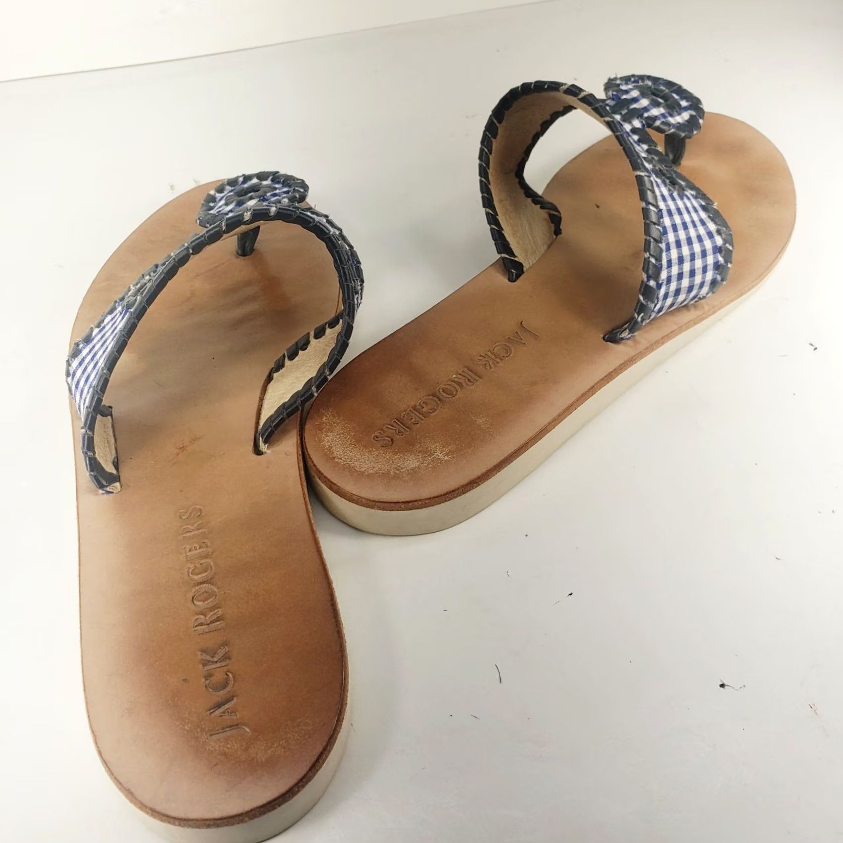 Jack Rogers JACK ROGERS Blue Gingham Check Whipstitch Fabric Slides Sandals 8M Womens Slip On Casual Size US 8 / IT 38 - 4 Thumbnail