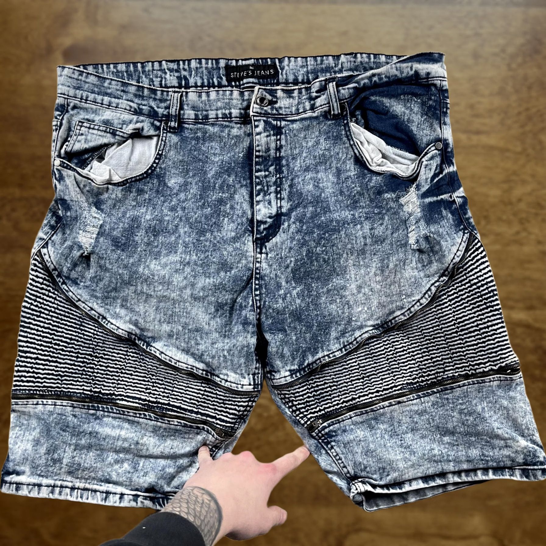 Vintage STEVE'S JEANS Biker Denim Shorts Mens 46 Blue Acid Wash Moto Zip Stretch Size US 30 / EU 46 - 1 Thumbnail