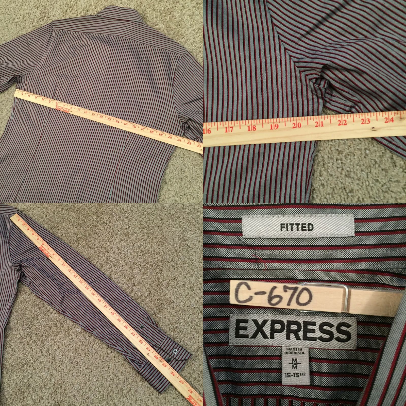 Express Express Shirt Mens Medium Gray Red Striped Long Sleeve Button Up Fitted Size US M / EU 48-50 / 2 - 8 Thumbnail