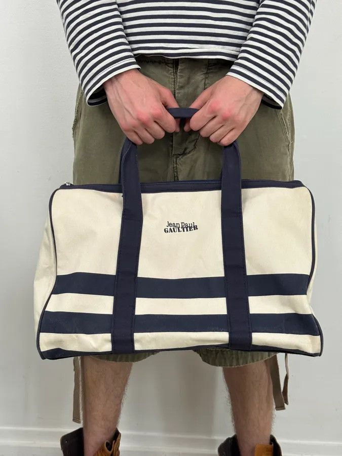 Jean Paul Gaultier Jean Paul Gaultier White & Navy Canvas Striped Handle Bag Size ONE SIZE - 2 Thumbnail