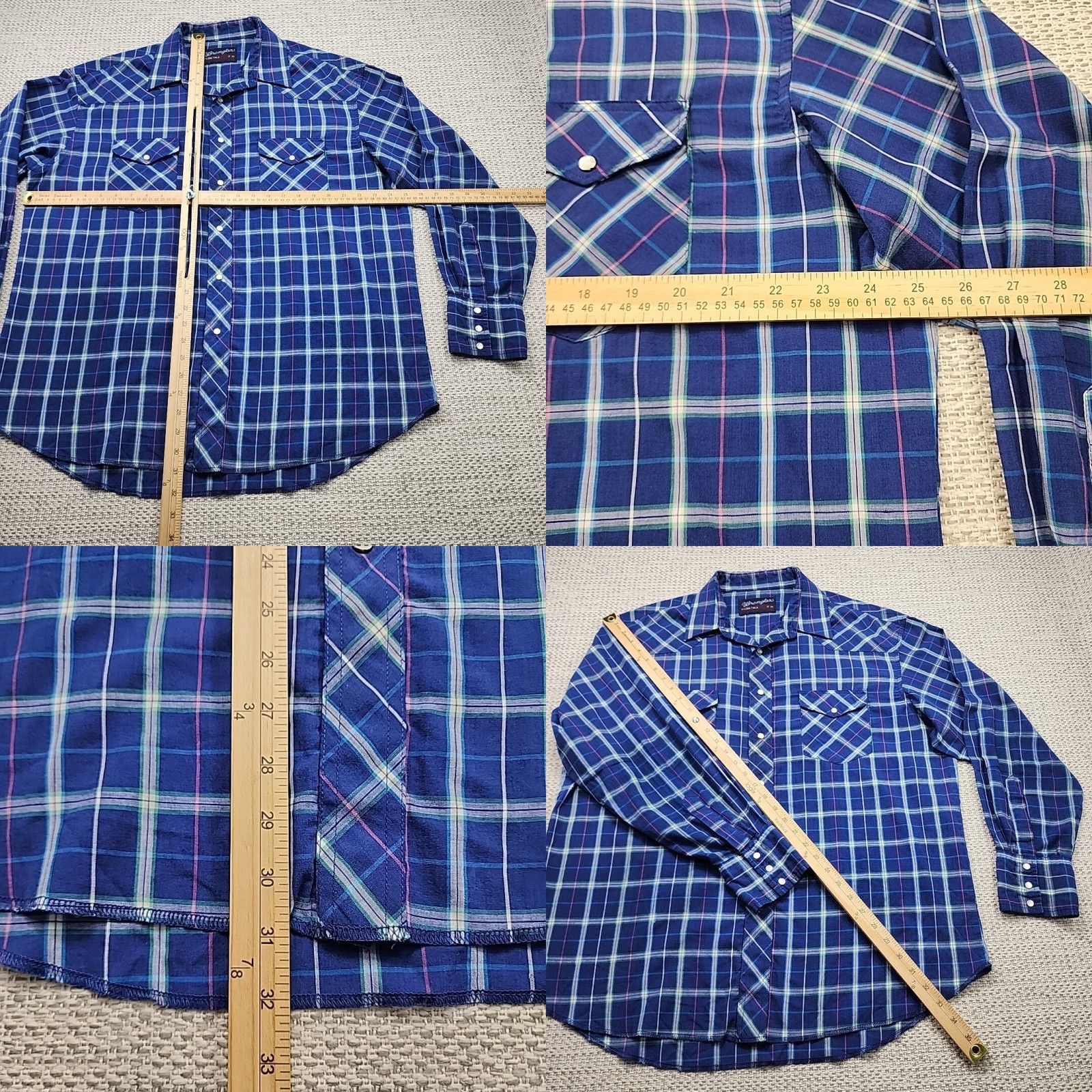 Wrangler VINTAGE Wrangler Pearl Snap Shirt X Long Tails Blue Plaid Mens Regular Fit 17 x 35 Shirt Size US XL / EU 56 / 4 - 8 Thumbnail