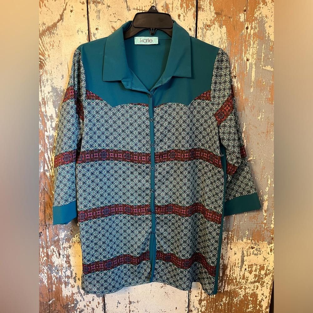 Designer NWOT Karlie womens blouse size Large Turquoise blue Size L / US 10 / IT 46 - 1 Thumbnail