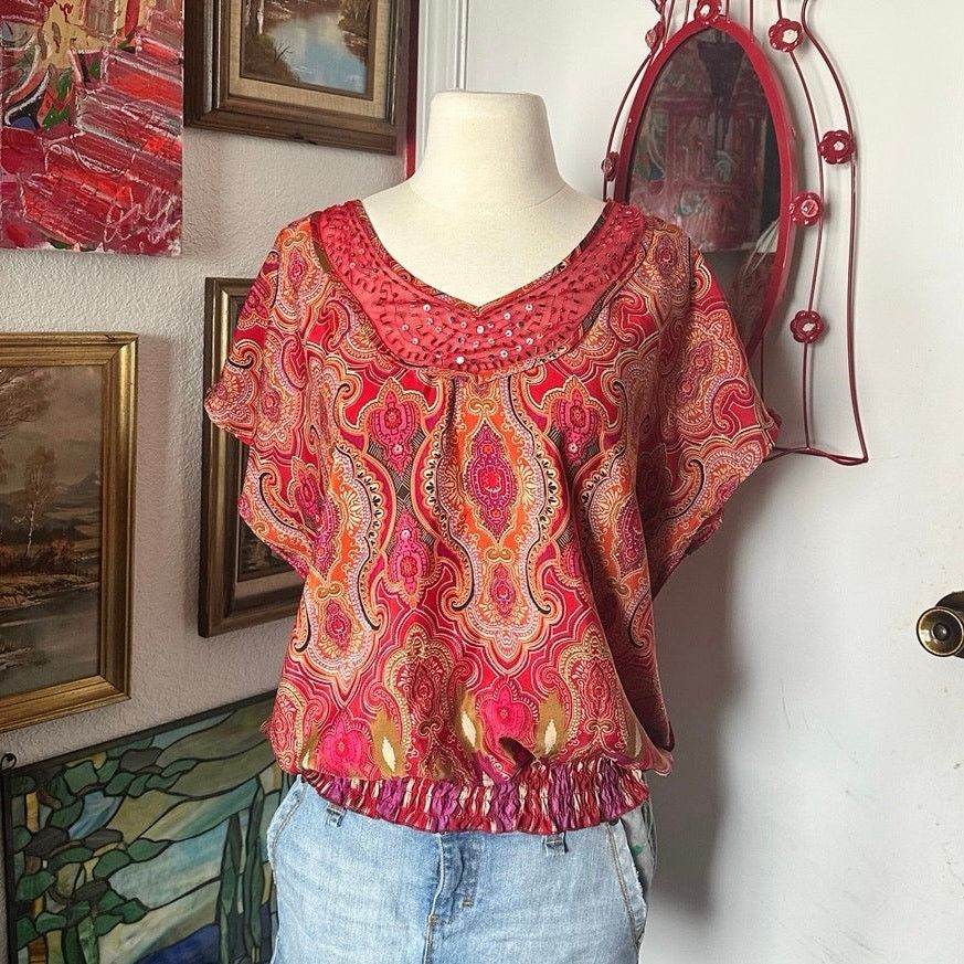 Other dressbarn red orange pink short sleeve blouse Size L / US 10 / IT 46 - 1 Thumbnail