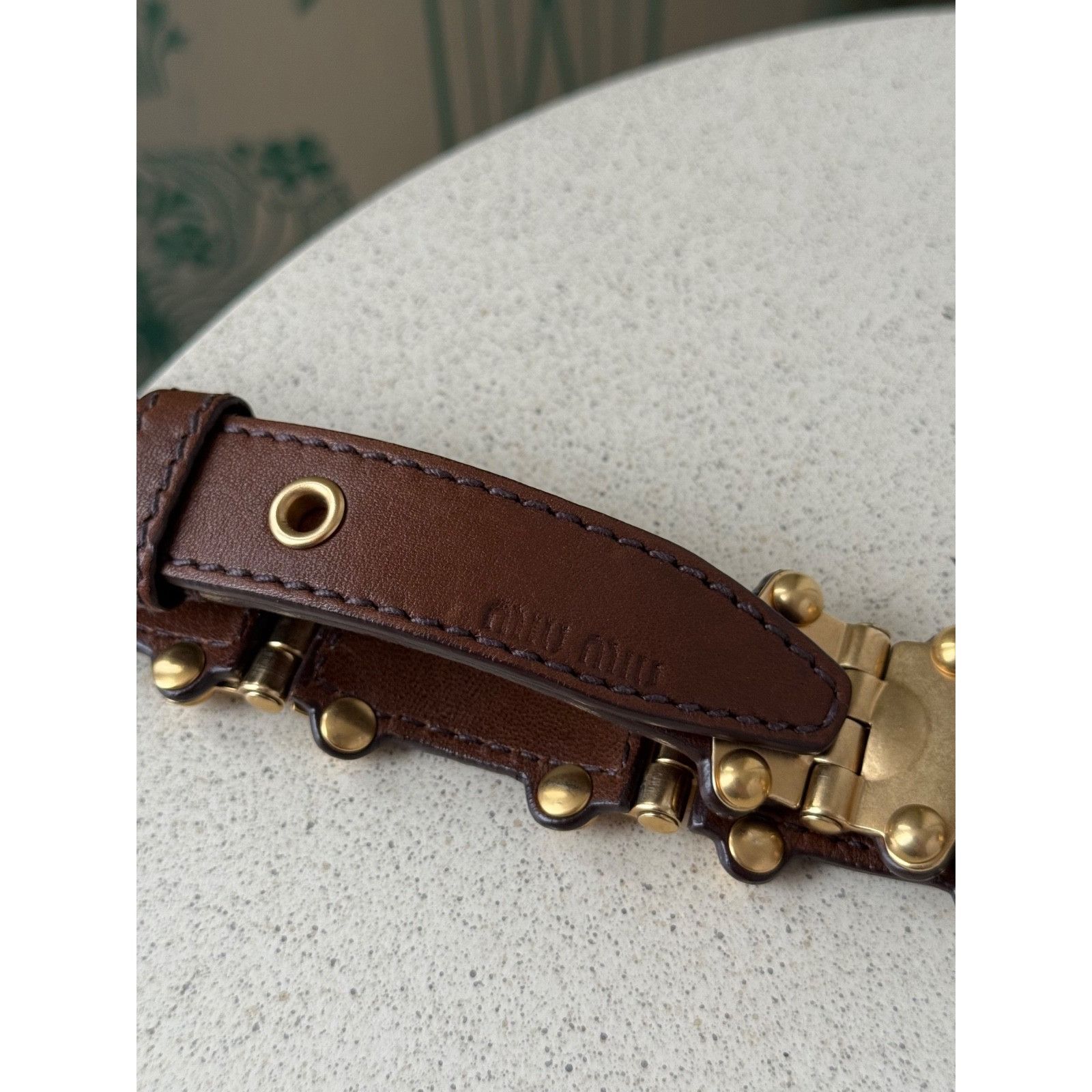 Miu Miu Miu Miu Leather Studded Grommet Buckle Brown Gold Belt 90/36 Size ONE SIZE - 11 Thumbnail