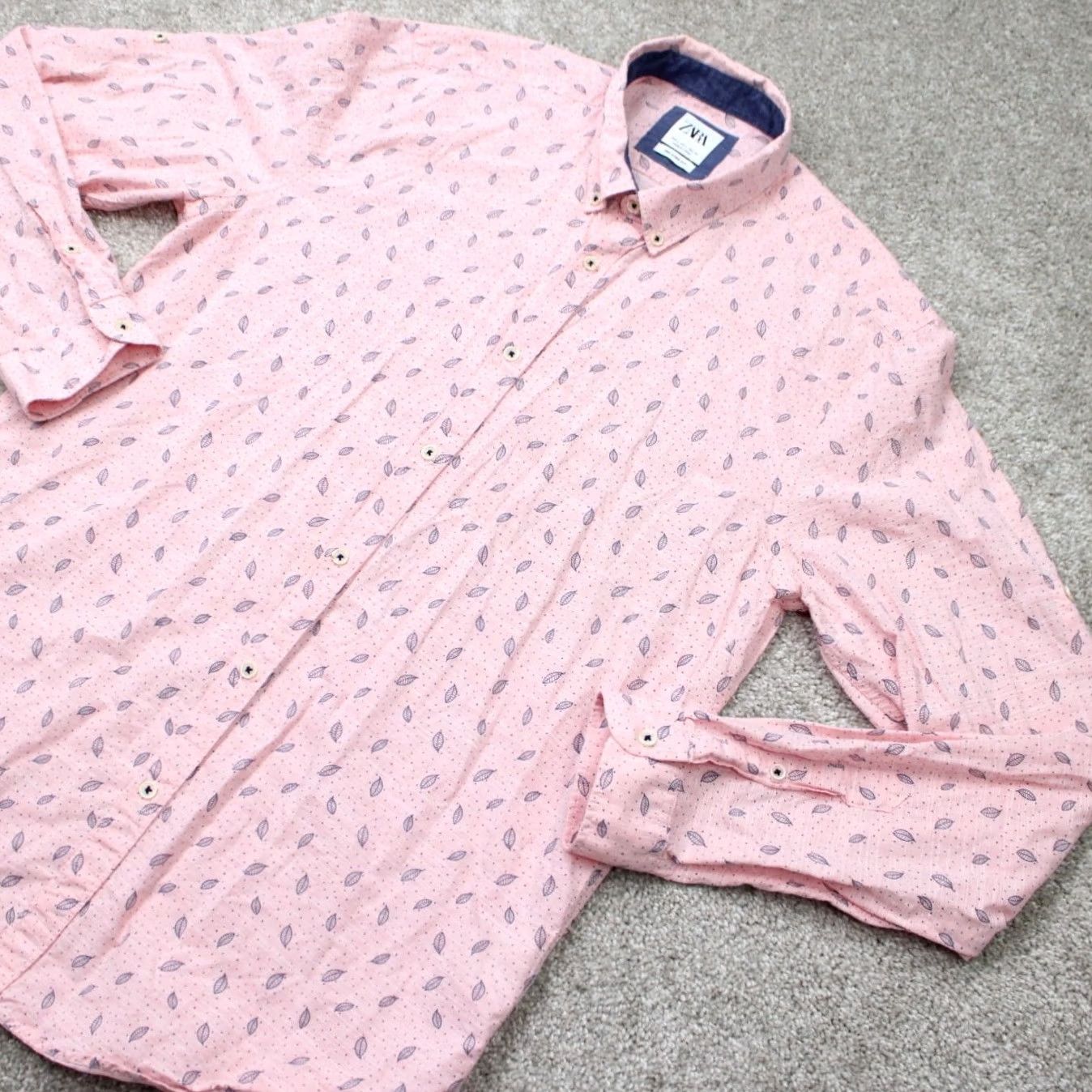 Zara Zara Shirt Mens Large Pink Relaxed Geometric AOP Button-Up Long Sleeve Cotton L/S Printed Leaves Flower Mermaid Print Holiday Casual Daywear Size US L / EU 52-54 / 3 - 4 Thumbnail