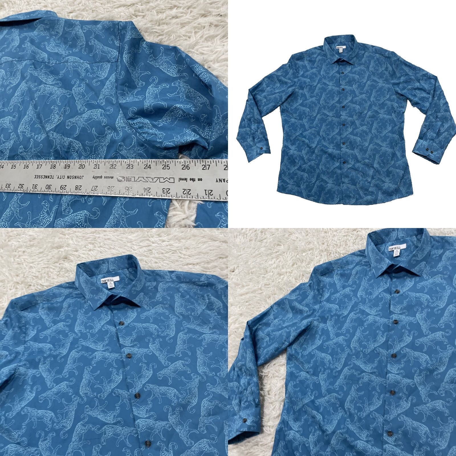 Bar III BAR III JAGUAR Dress Shirt Men XL 17 17.5 Teal Blue Cat Print Button Shirt 50" Size 46R - 9 Thumbnail