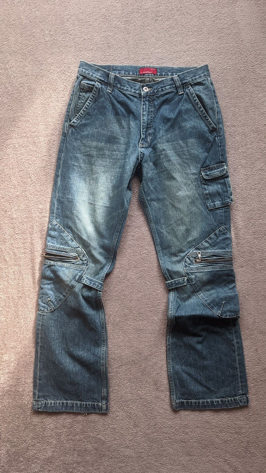 Hysteric Glamour × Japanese Brand Cross Flared Jeans Y2K distressed washed denim cargo pants Size US 33 - 1 Thumbnail