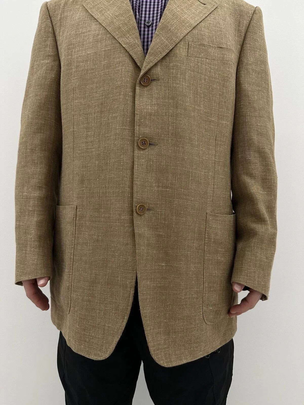 Canali Canali Blazer Sport Coat Mens Tan Plaid Silk Wool Linen Size 44R - 3 Thumbnail