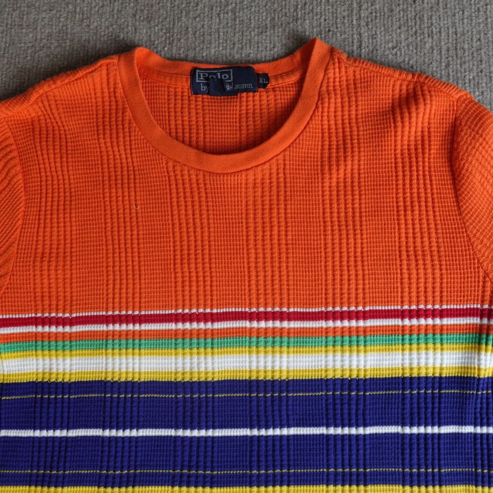 Polo Ralph Lauren VINTAGE Polo Ralph Lauren Mens Shirt L Orange Striped Knit Short Sleeve Crew Neck Ribbed Waffle Polo Ralph Lauren Shirt Size US L / EU 52-54 / 3 - 7 Thumbnail