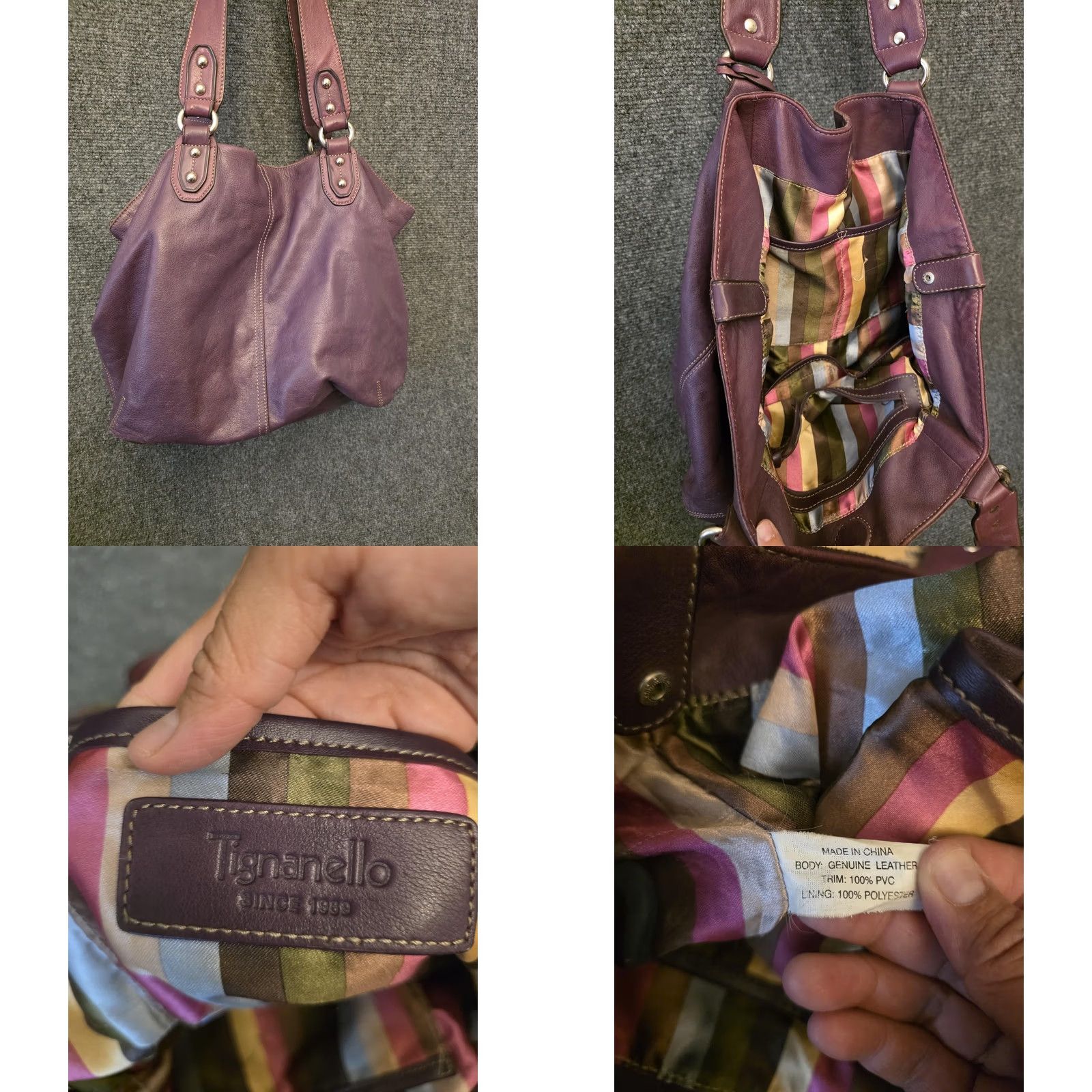 Vintage Tignanello Shoulder Bag Womens Medium Purple Leather Studded Striped Lining Size ONE SIZE - 8 Thumbnail