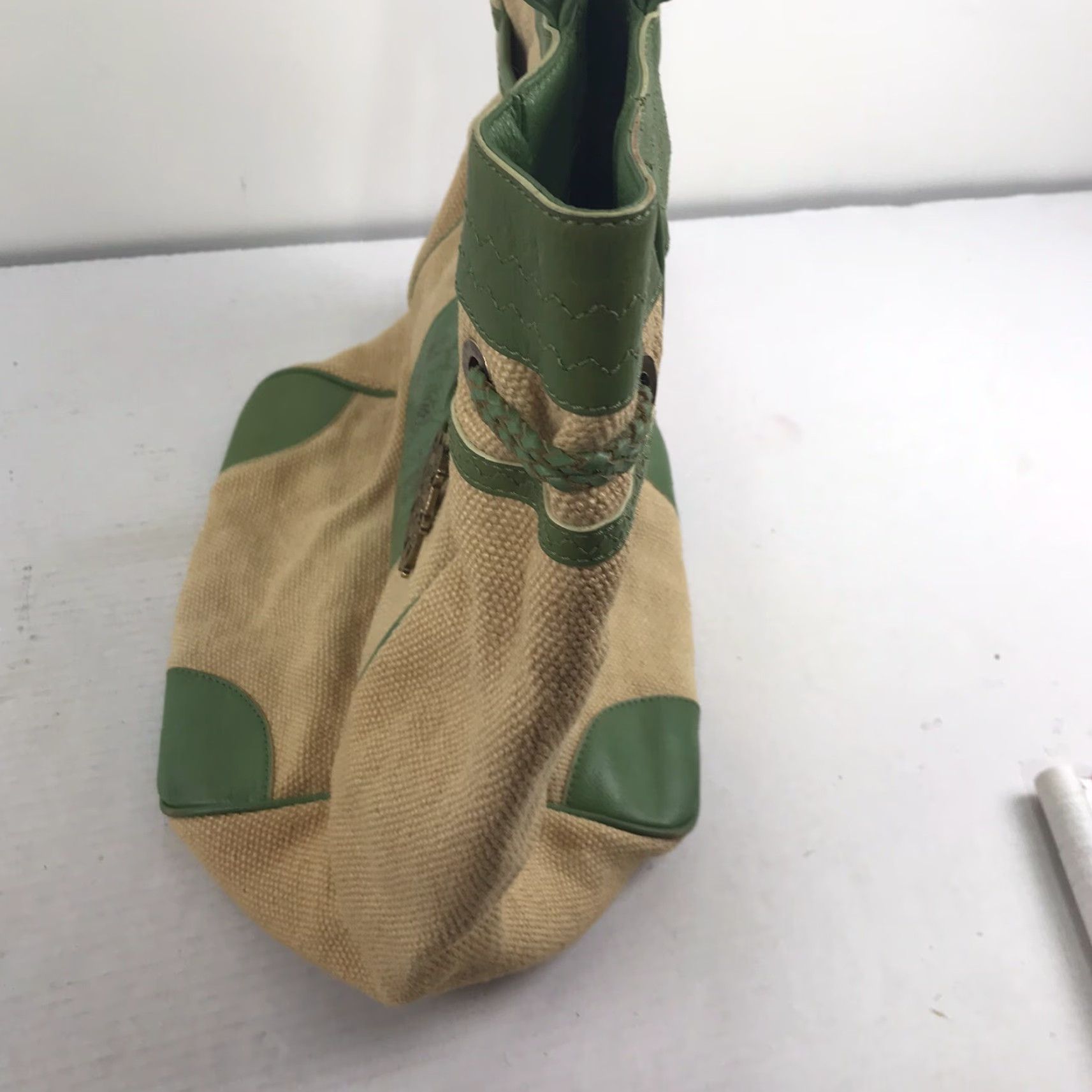 Vintage Kate Landry X-Large Shoulder Bag in Beige/Green Jute & Leather with Studded Accents, Casual/Party/Travel, Womens Size ONE SIZE - 4 Thumbnail
