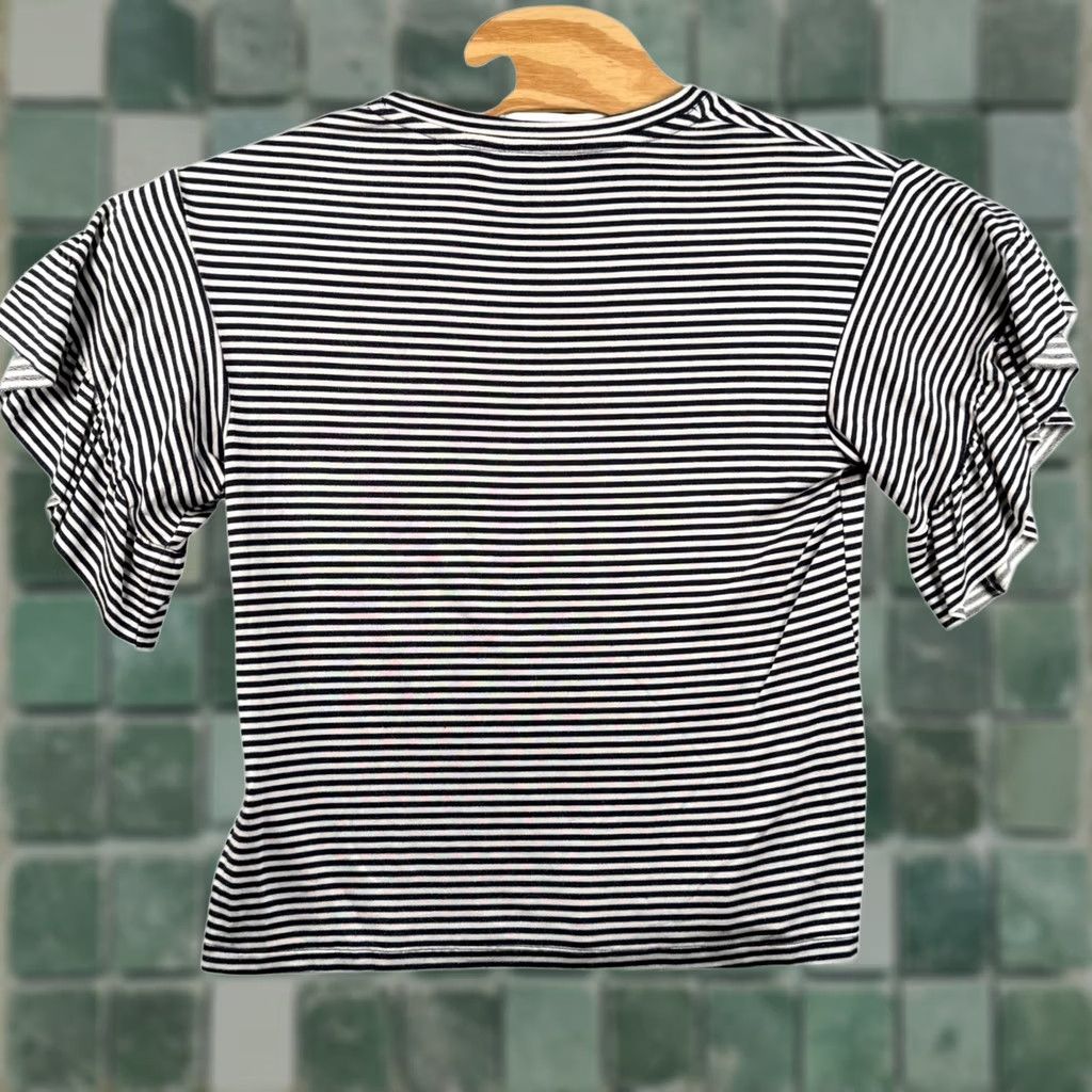 Vintage Baku Striped Knit Top Crew Neck Short Sleeve Ruffle Tiered Navy White Women M Regular Casual Marine Preppy Size M / US 6-8 / IT 42-44 - 1 Thumbnail