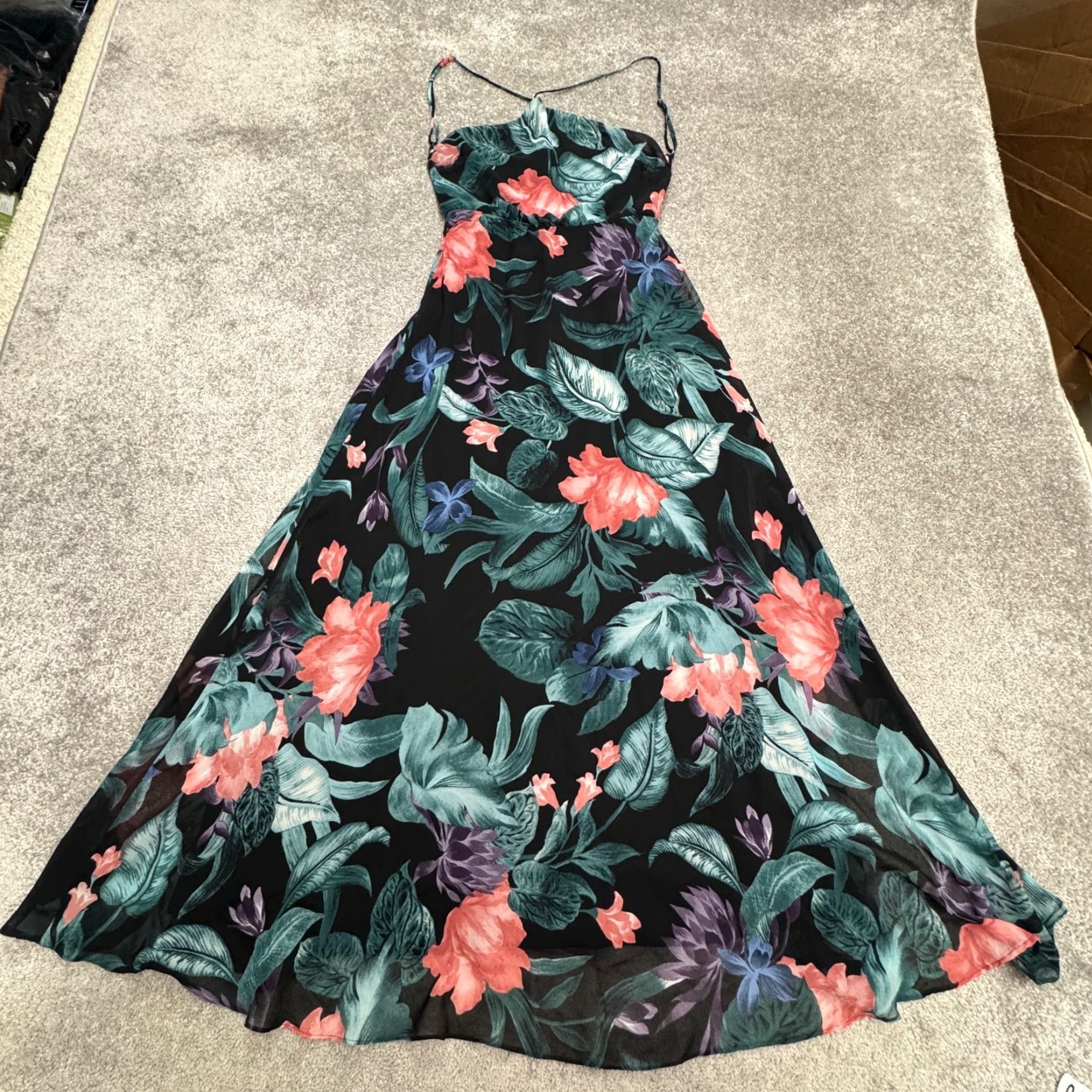 Lulus Lulus Maxi Dress Backless Sheer Overlay Floral Multicolor Strappy Medium Womens Sundress Horizontal Slit, Bohemian, Flower, 90s? Size M / US 6-8 / IT 42-44 - 2 Thumbnail