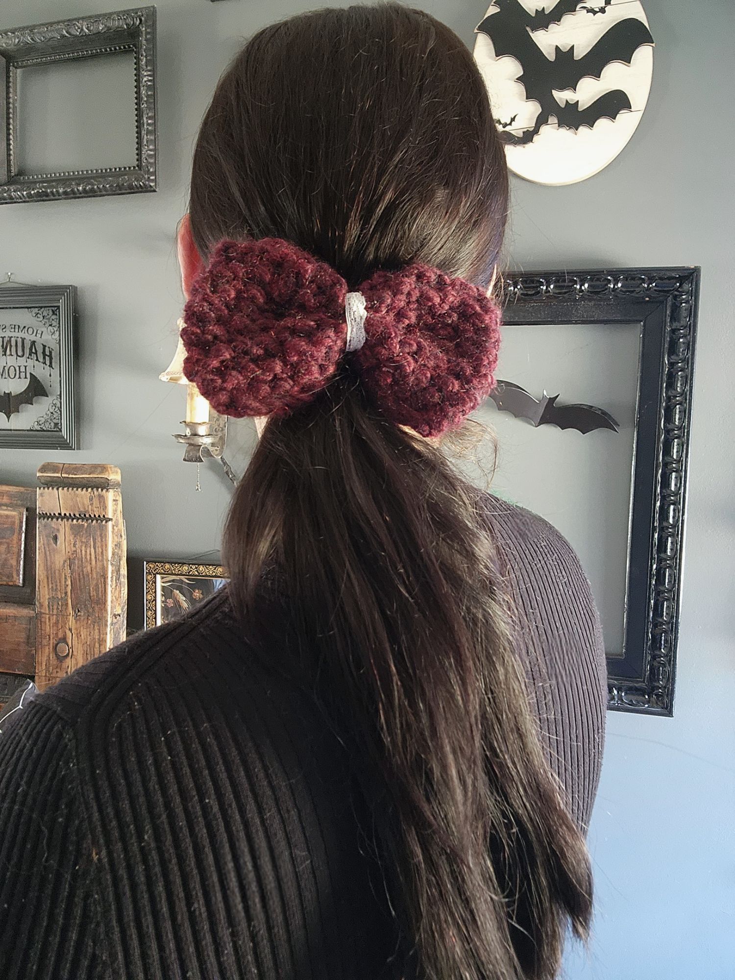 Handmade Knit Hair Bow, Handknitted Burgundy Ponytail Holder or Hair Size ONE SIZE - 7 Thumbnail