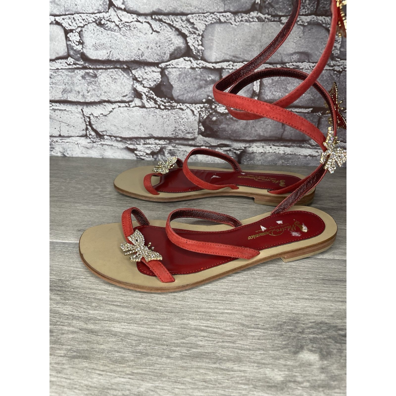 Other Mastro Domenico Red Leather Butterfly Rhinestone Wrap Around Size US 7.5 / IT 37.5 - 8 Thumbnail