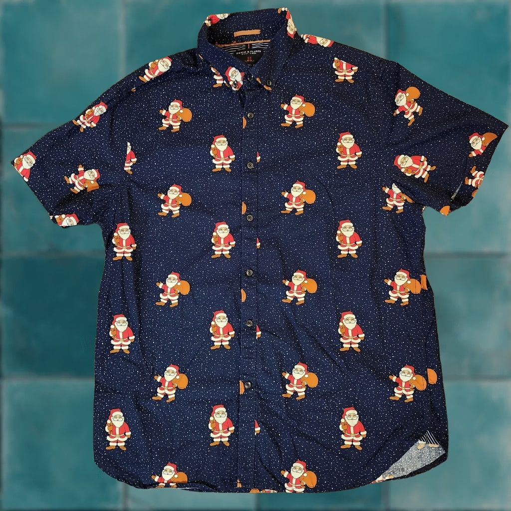 Denime Denim & Flower Button-Down Short Sleeves Santa Claus Graphic Print Denim Shirt Mens Large Blue Size US 33 - 1 Thumbnail