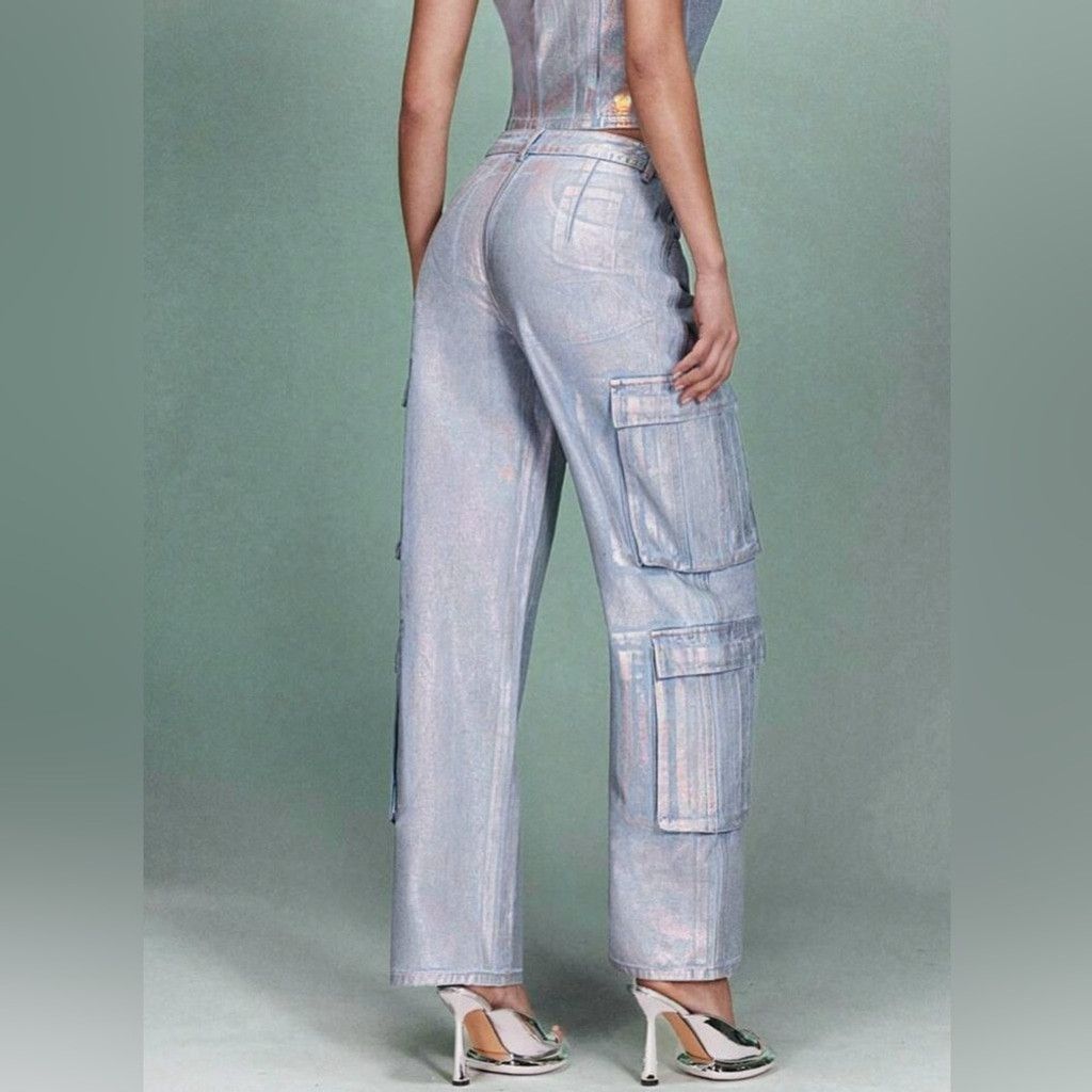 Other Metallic Cargo Pocket Women's Denim Wide Leg Pants Size 29 Size 29" - 2 Thumbnail