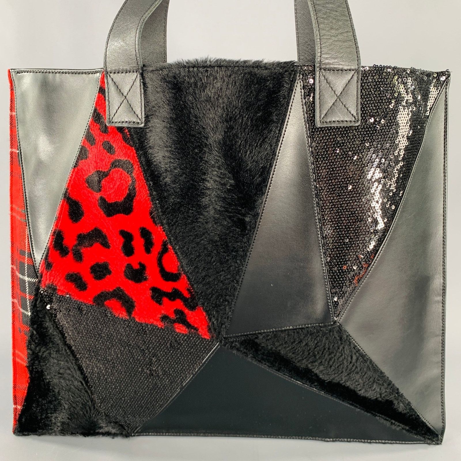 Junya Watanabe Black Red Mixed Materials Faux Fur Tote Handbag Size ONE SIZE - 2 Thumbnail