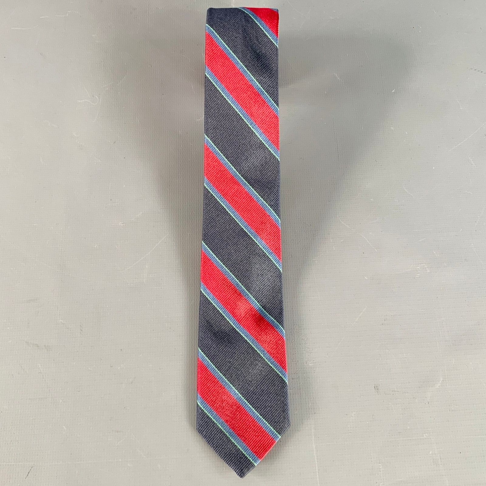 Band Of Outsiders Navy Red Green Diagonal Stripe Silk Skinny Tie Size ONE SIZE - 2 Thumbnail
