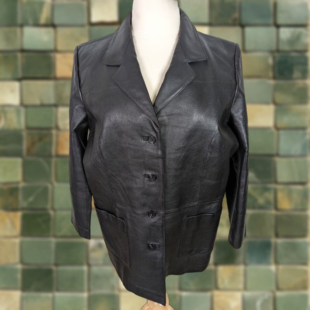 Vintage VINTAGE Y2K Womens XL Leather Blazer Jacket Black Button Moto Bomber Biker Size XL / US 12-14 / IT 48-50 - 1 Thumbnail