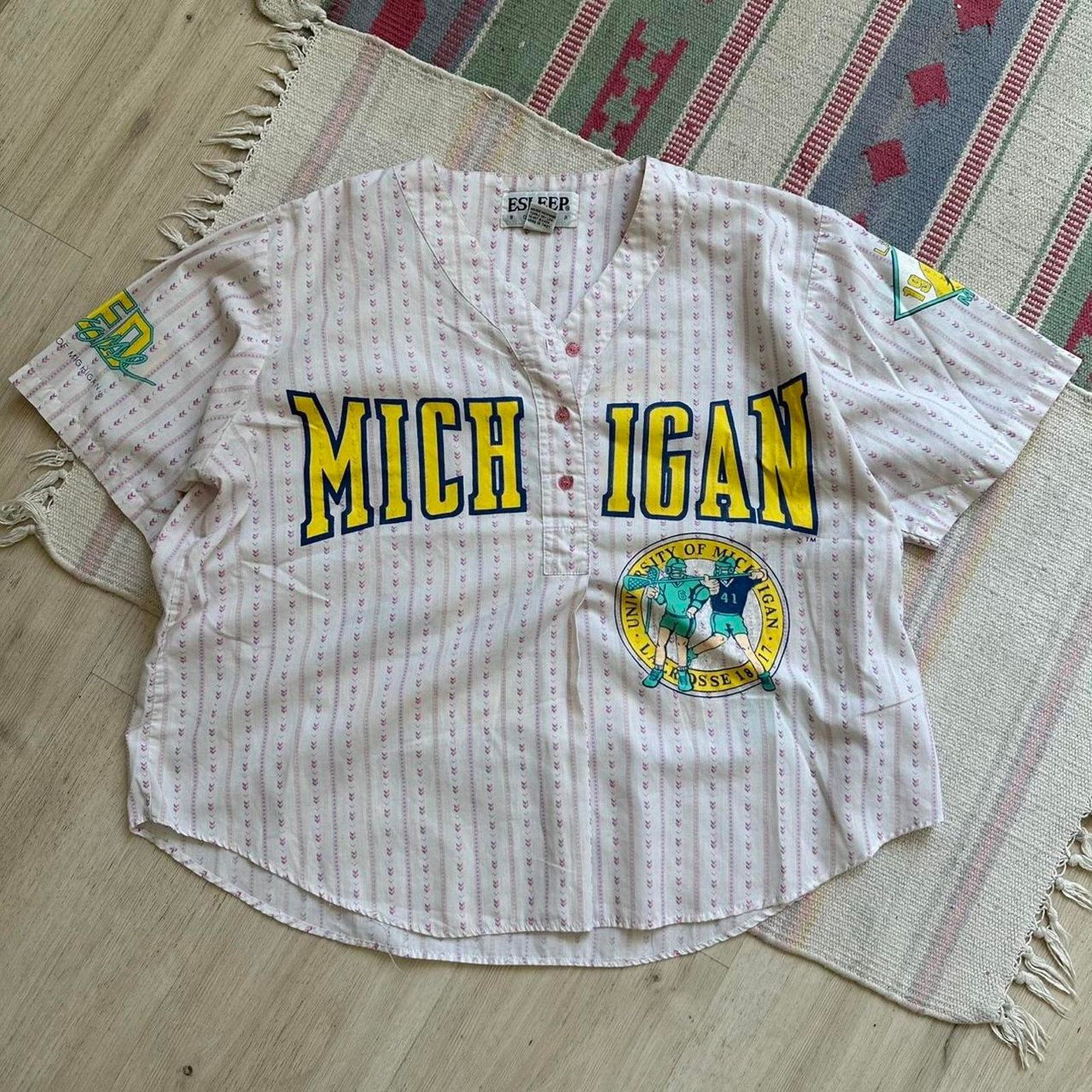 Vintage Rare Vintage 80s UofM Michigan Lacrosse Stripped Top Jersey Size US L / EU 52-54 / 3 - 4 Thumbnail