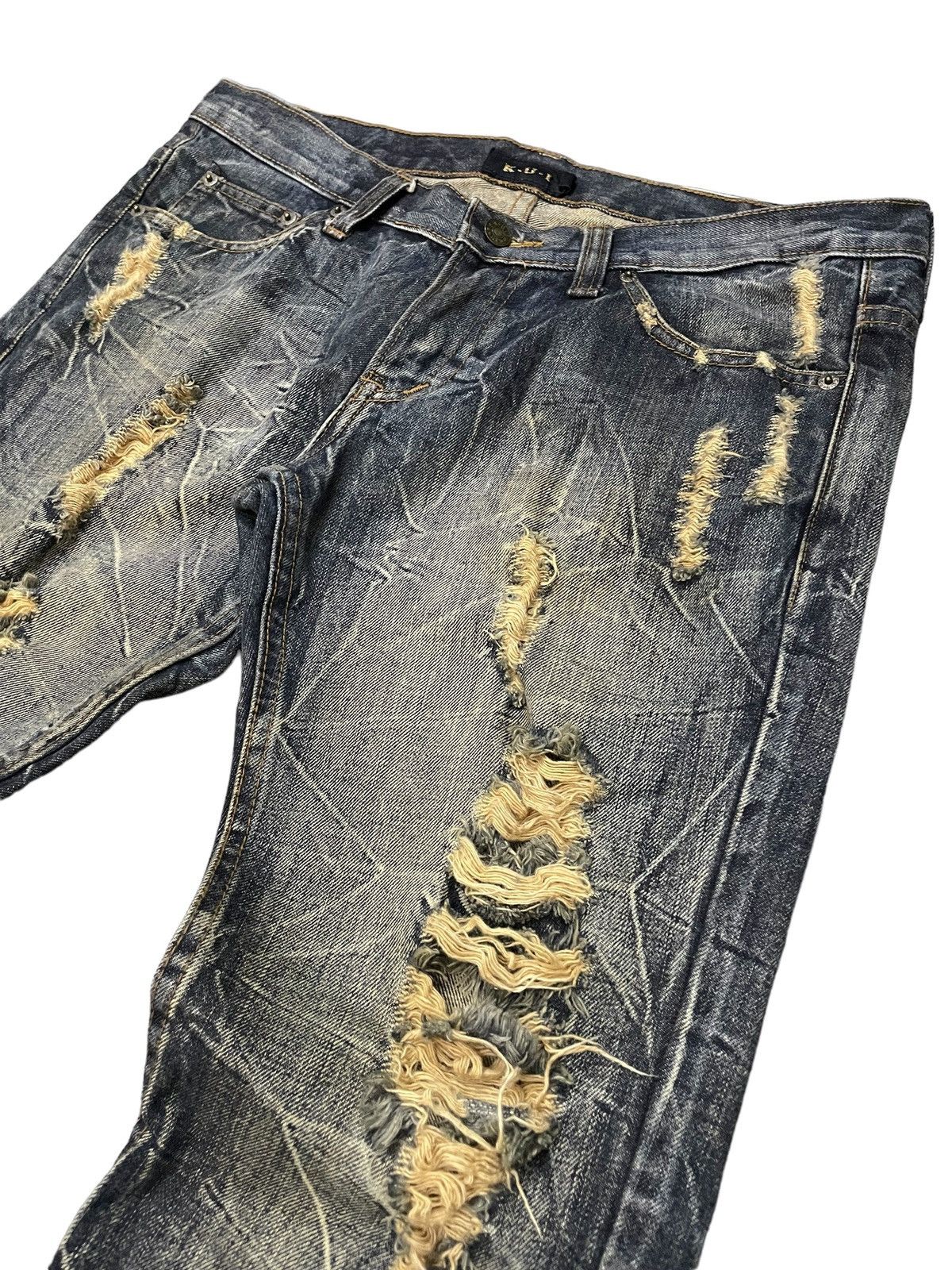 Japanese Brand × LOWBOX × Vintage KUI Japan Distressed Claw Mark Honeycomb Flared Jeans Size US 34 / EU 50 - 8 Thumbnail
