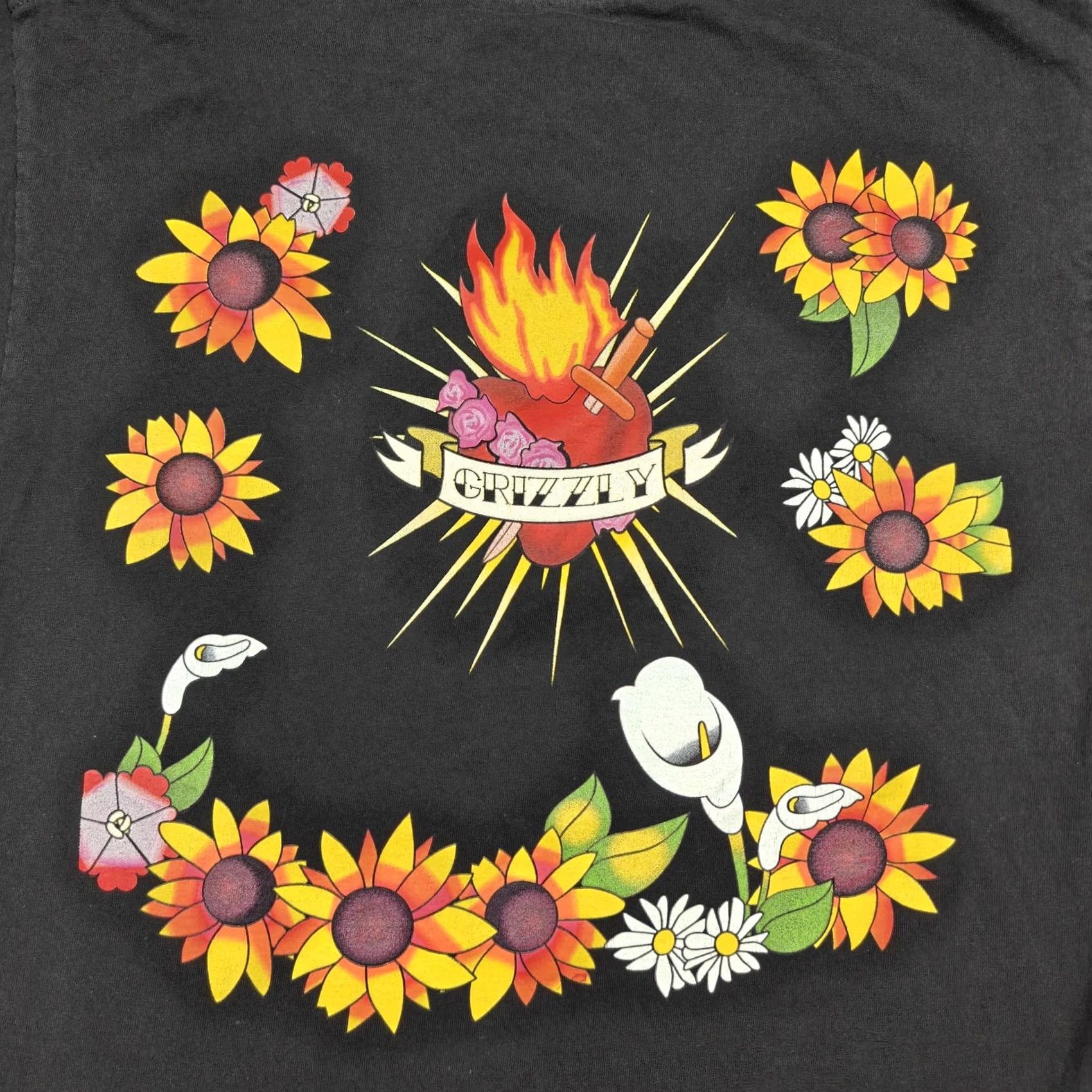 Sunflower Grizzly Shirt Mens L Black Flaming Heart Sunflower Floral Graphic Tee Skate Size US L / EU 52-54 / 3 - 6 Thumbnail