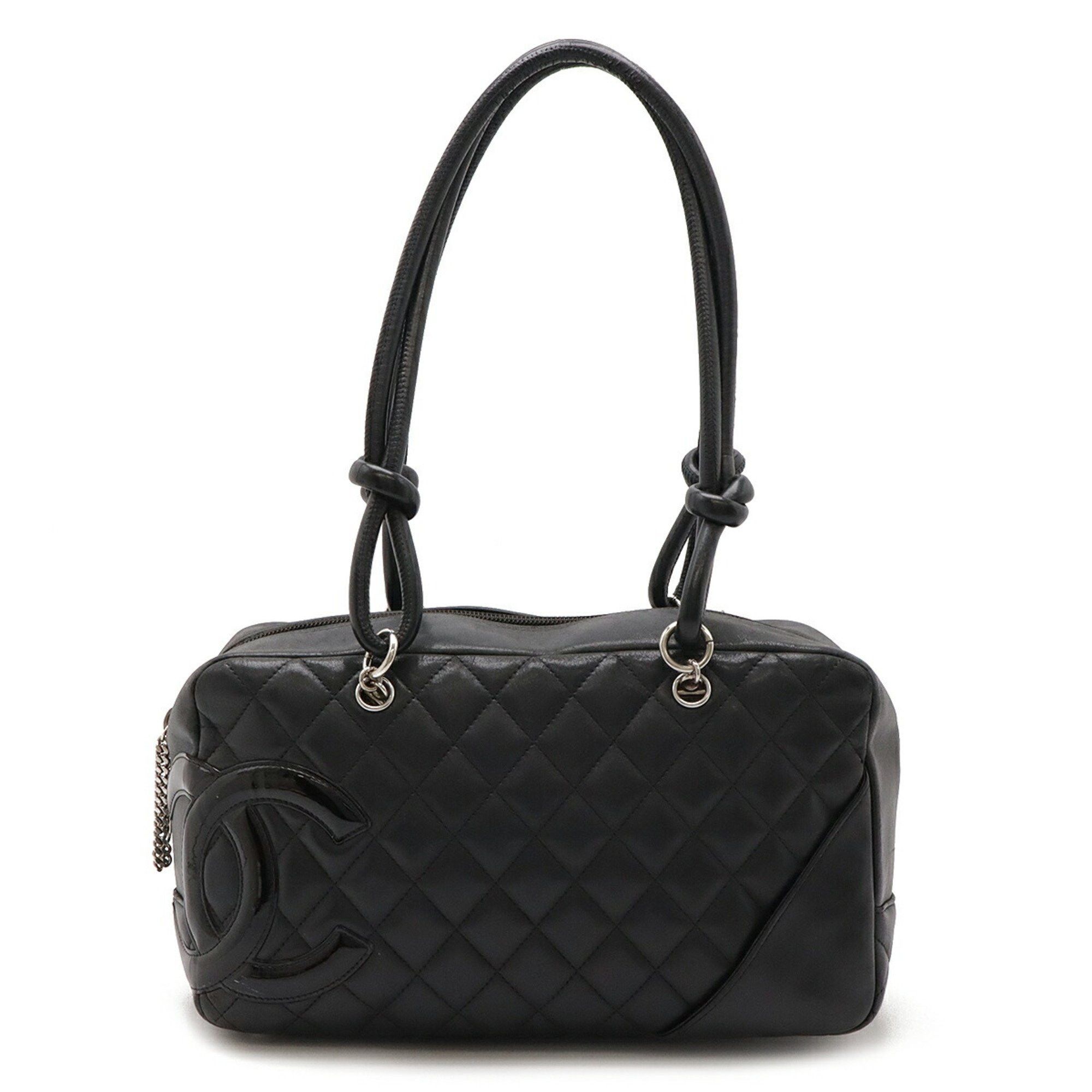 Chanel Cambon Line Bowling Bag Shoulder Soft Calf Leather Patent Black A25171, Women's