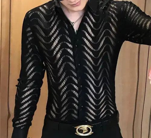 Other Striped Shirt Summer Men Transparent Lace Cutout Shirt Size US M / EU 48-50 / 2 - 1 Thumbnail