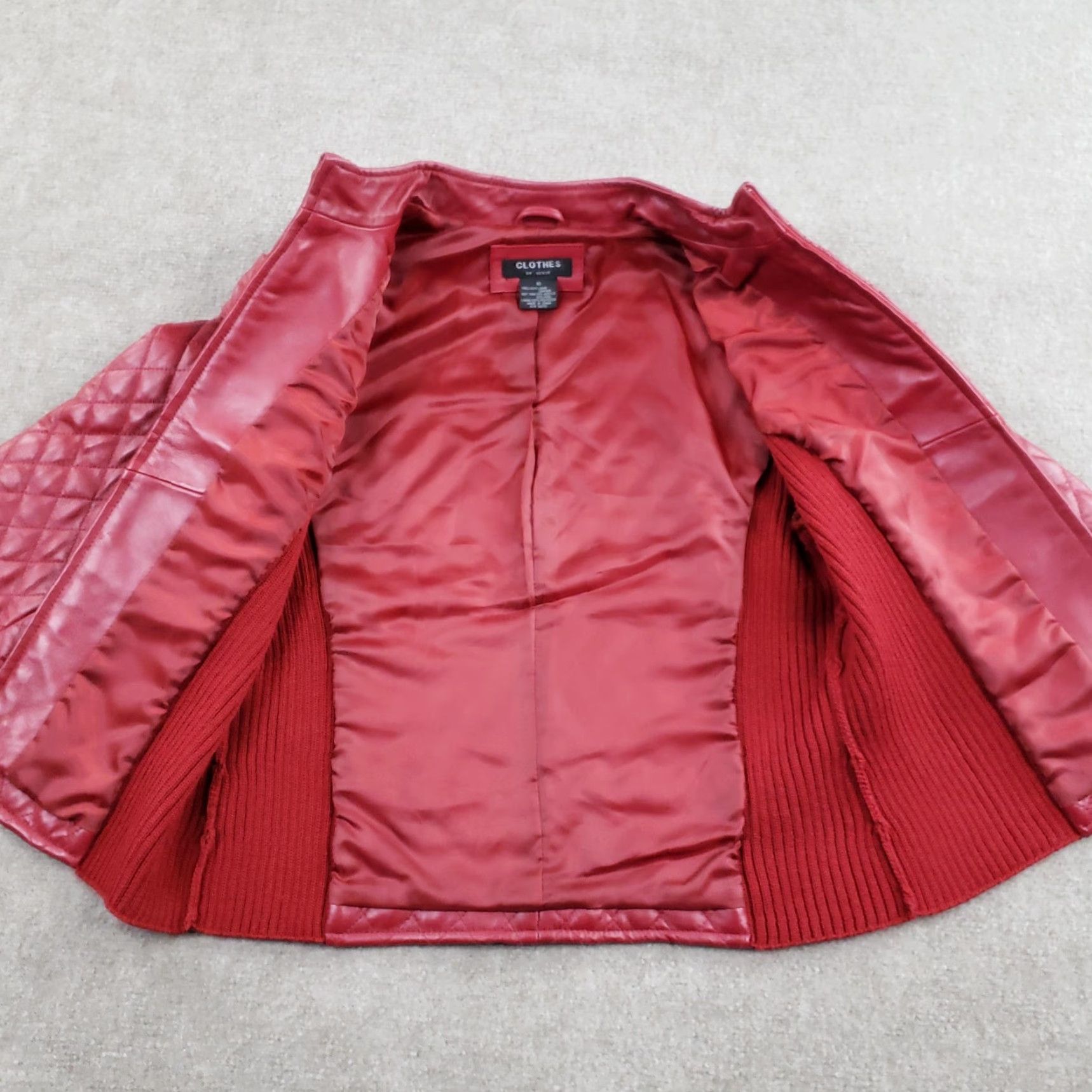 Vintage Clothes by Revue Jacket Womens 10 Red Quilted Lamb Leather Zip Front Knit Trim Size L / US 10 / IT 46 - 6 Thumbnail