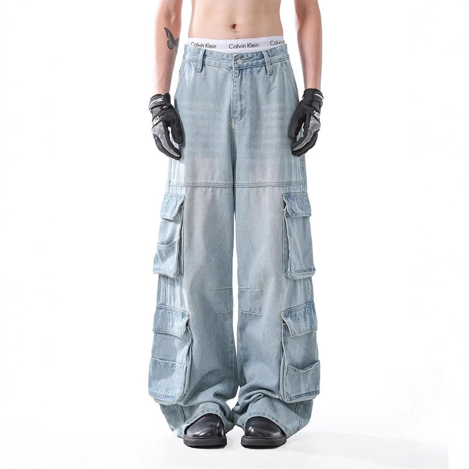 Vintage Light Blue Baggy Cargo Denim Jeans, Wide Leg Jeans Size US 32 / EU 48 - 3 Thumbnail