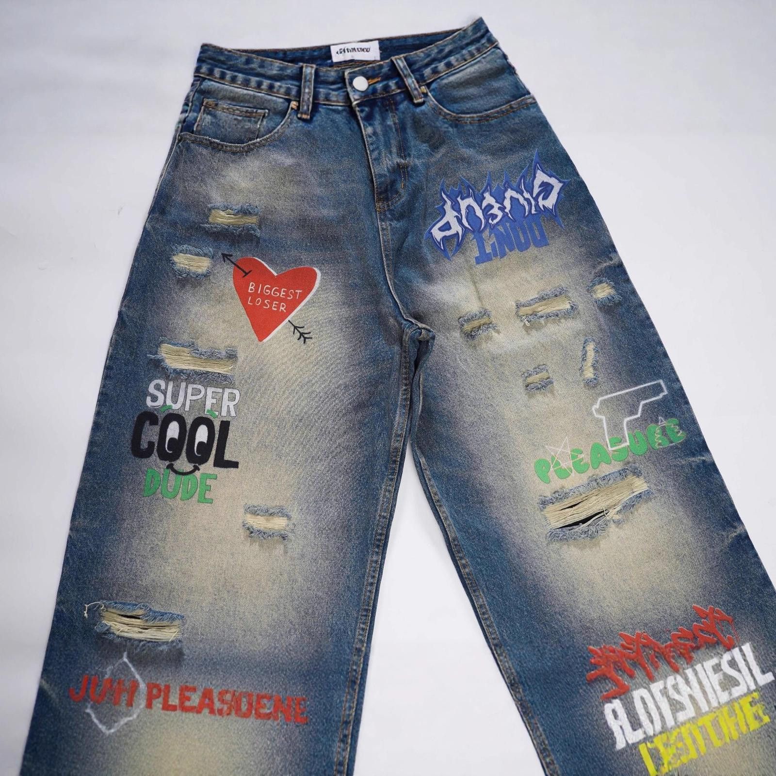 Japanese Brand Blue Distressed Wide Leg Denim Jeans, Graffiti Print Size US 30 / EU 46 - 2 Thumbnail